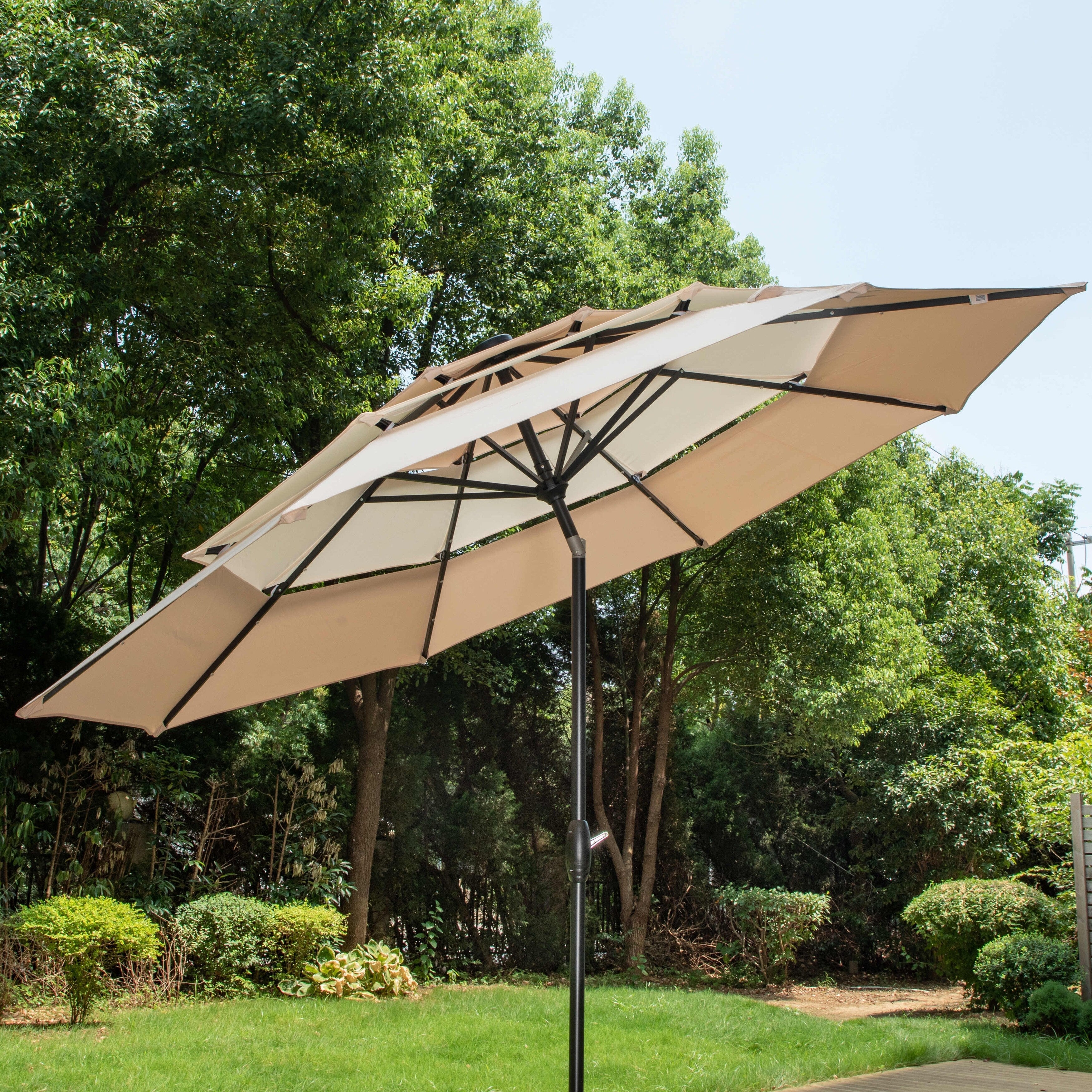 MAISON ARTS 10ft 3 Tier Auto-tilt Patio Umbrella Outdoor Double Vented Umbrella with LED Lights