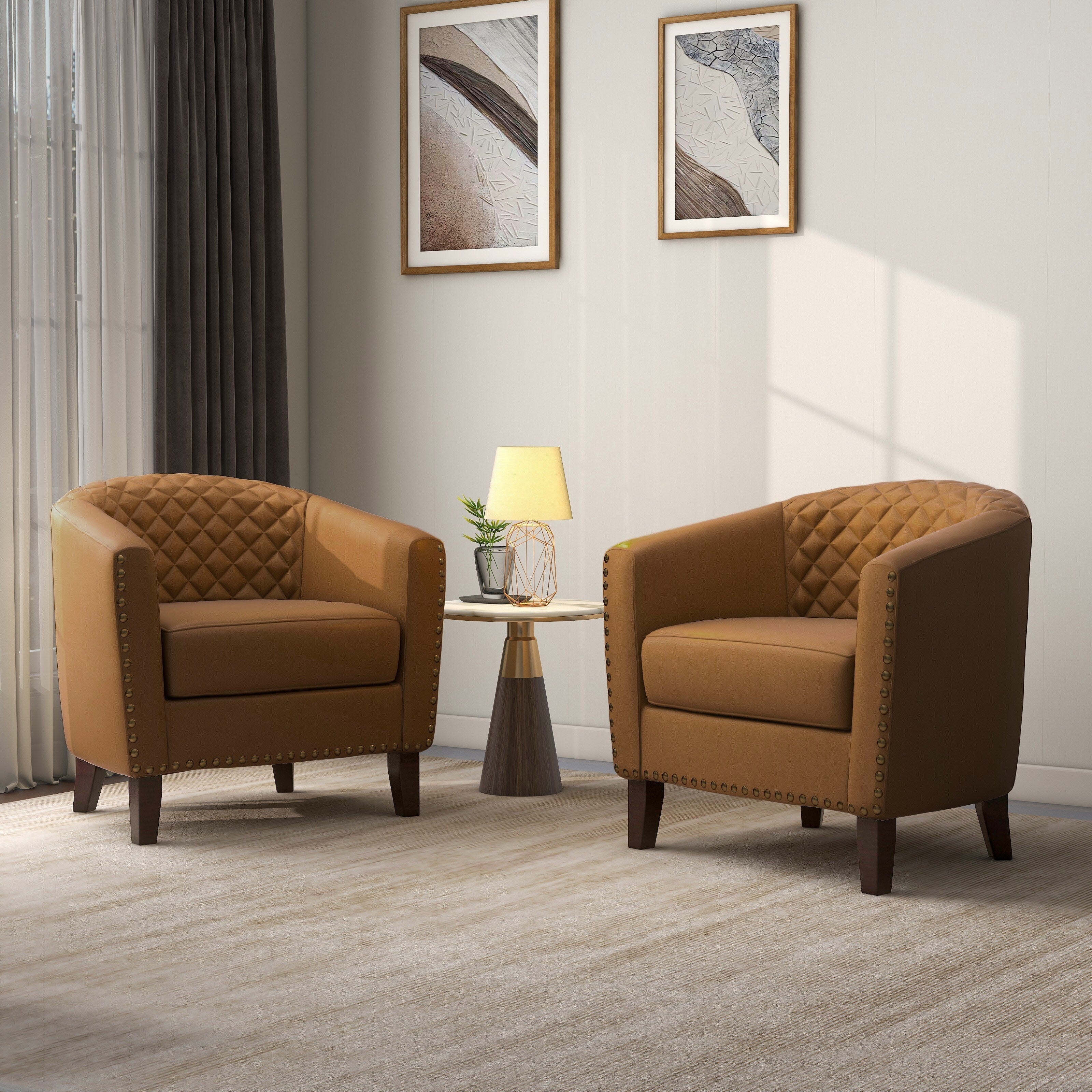 2 Set 29 W Vegan Leather Barrel Accent Chairs with Nailheads Trim