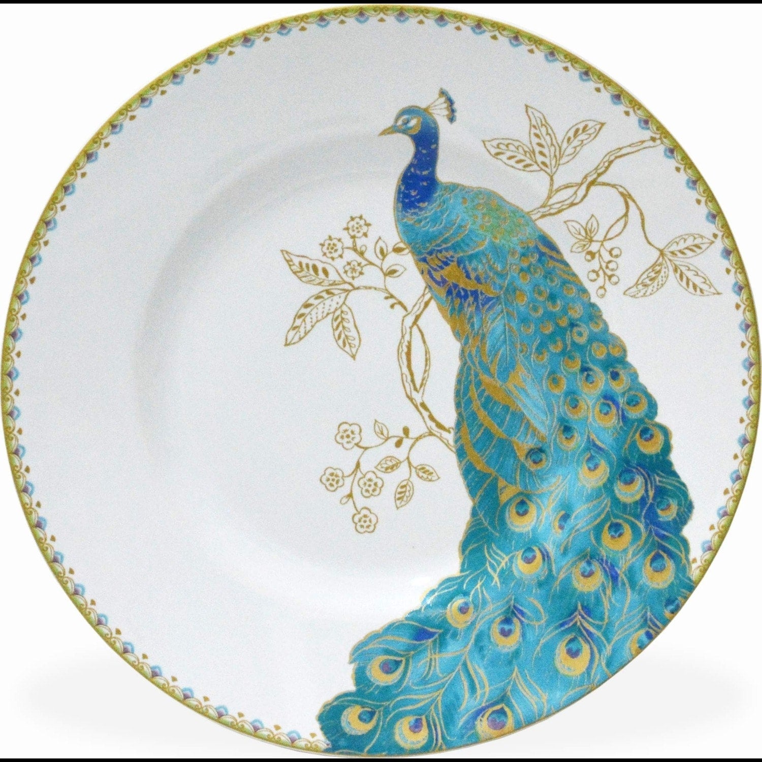 222 Fifth Peacock Garden 16-Piece Porcelain Dinnerware Set with Round Plates, Bowls, and Mugs, White