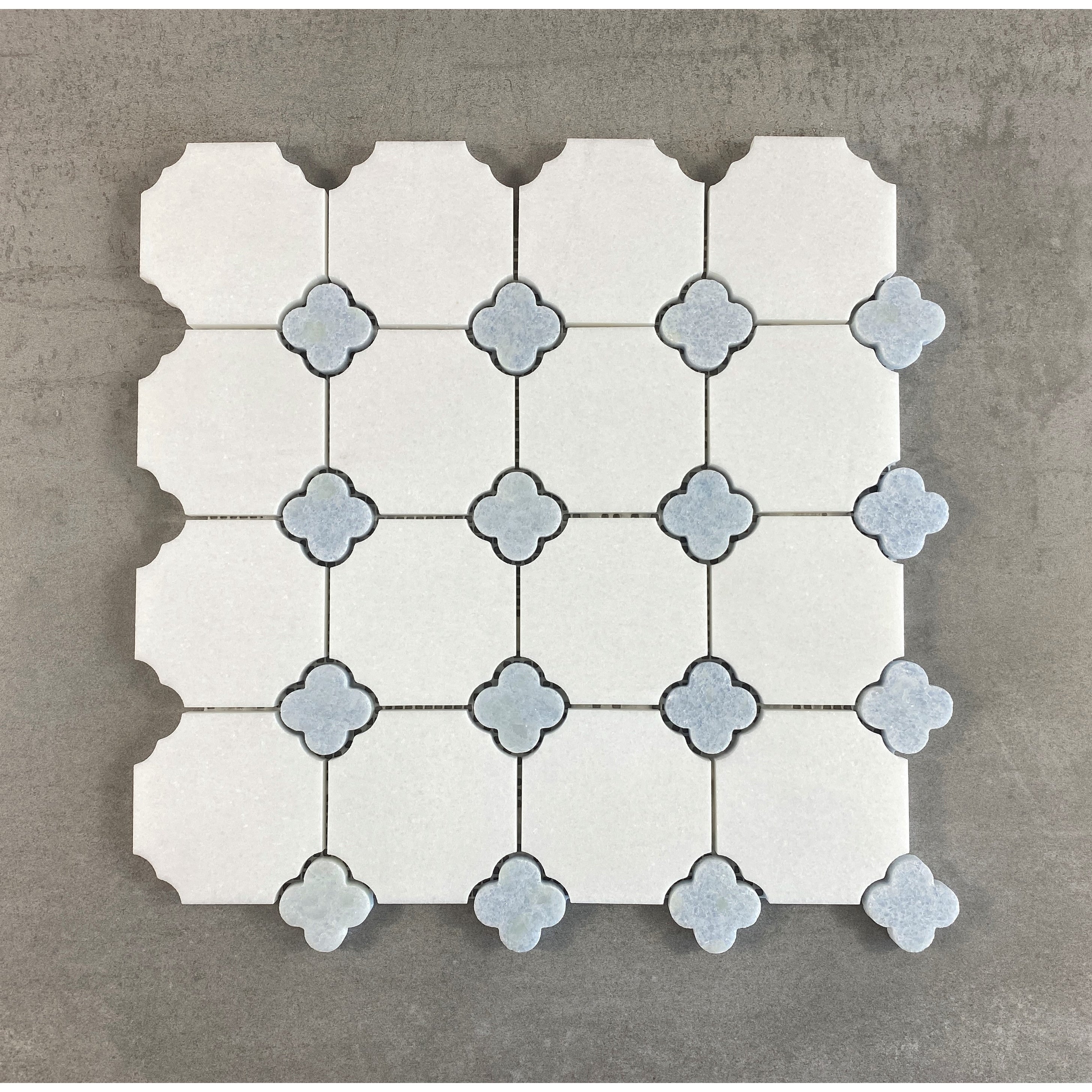 Thassos White with Blue Celeste Flower Pattern Marble Mosaic Tiles - Case (10 Sheets)