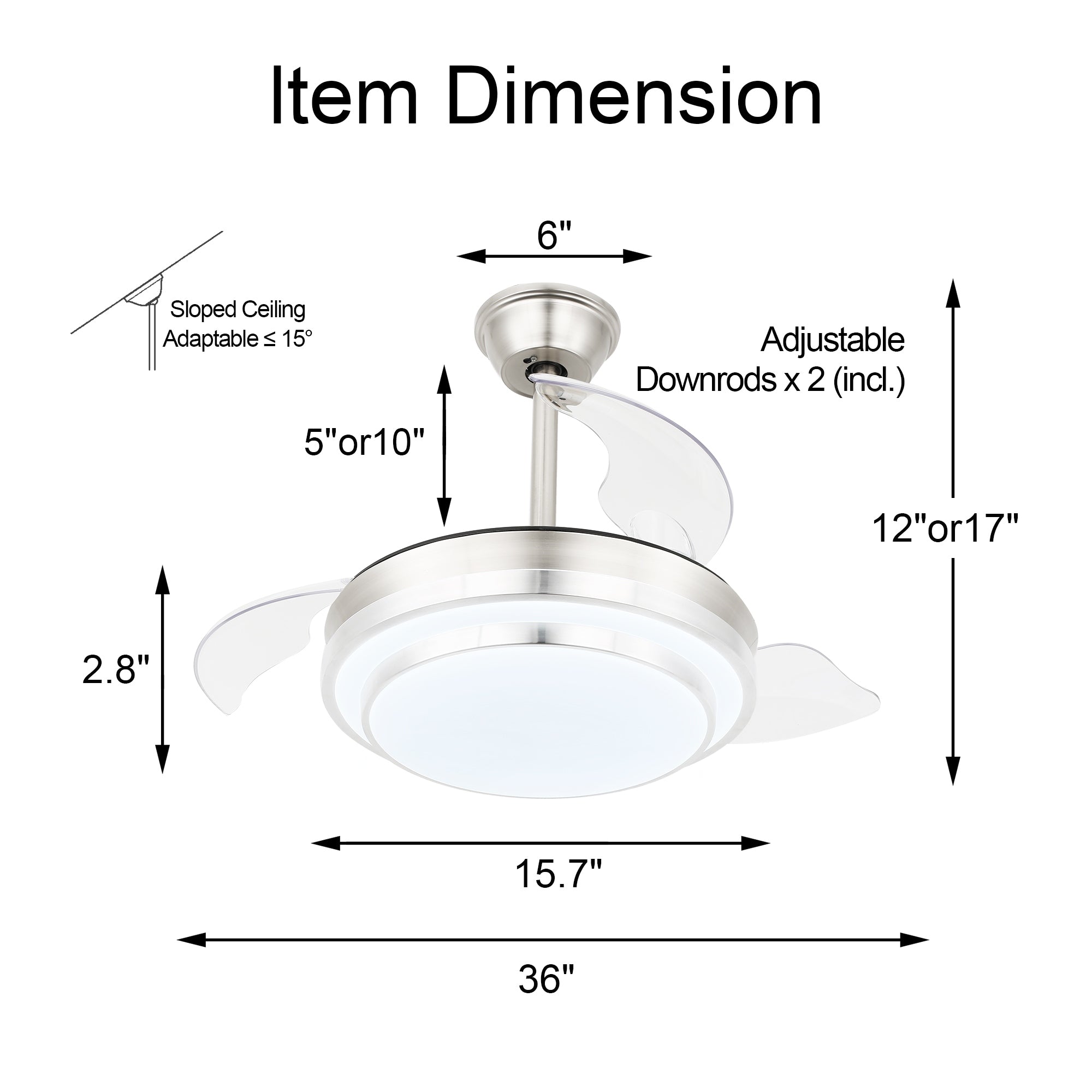 Bella Depot 36 Modern Retractable Ceiling Fan with Led Light, 6-Speed Reversible Blades with Remote