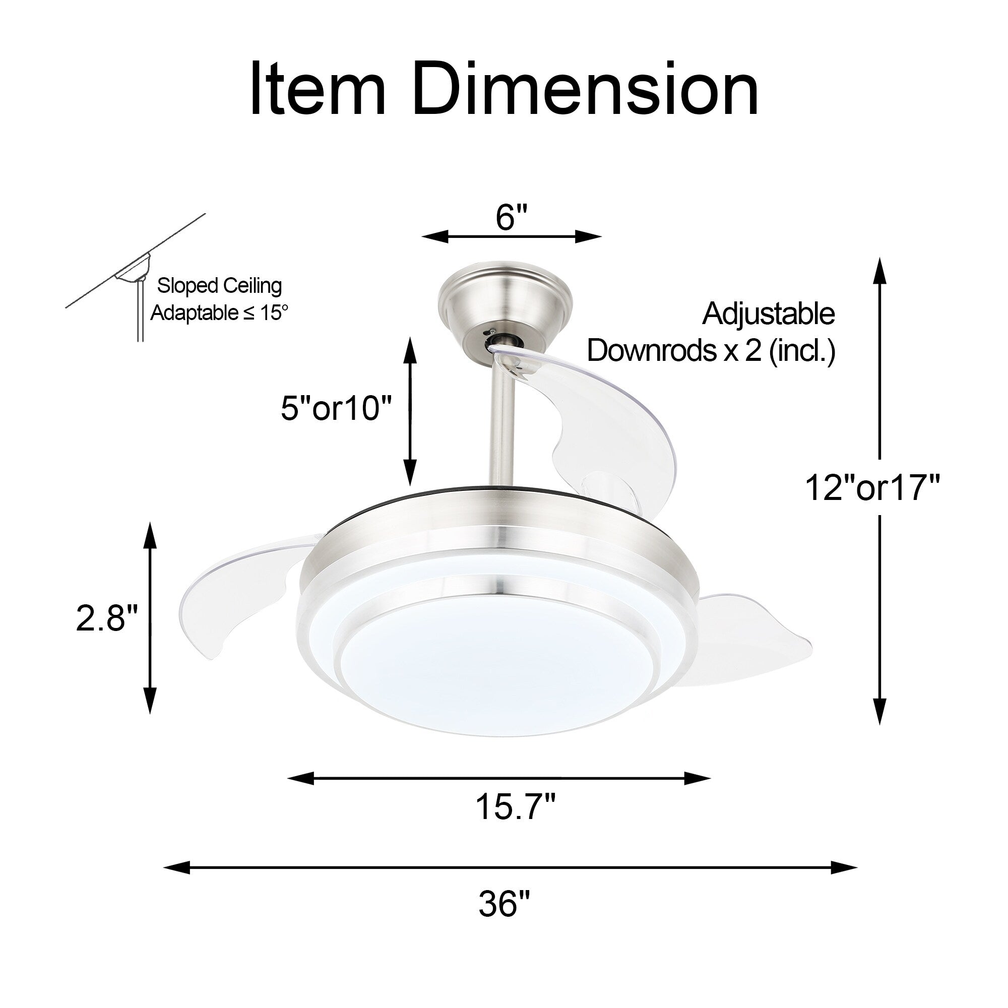 Bella Depot 36 Modern Retractable Ceiling Fan with Led Light, 6-Speed Reversible Blades with Remote
