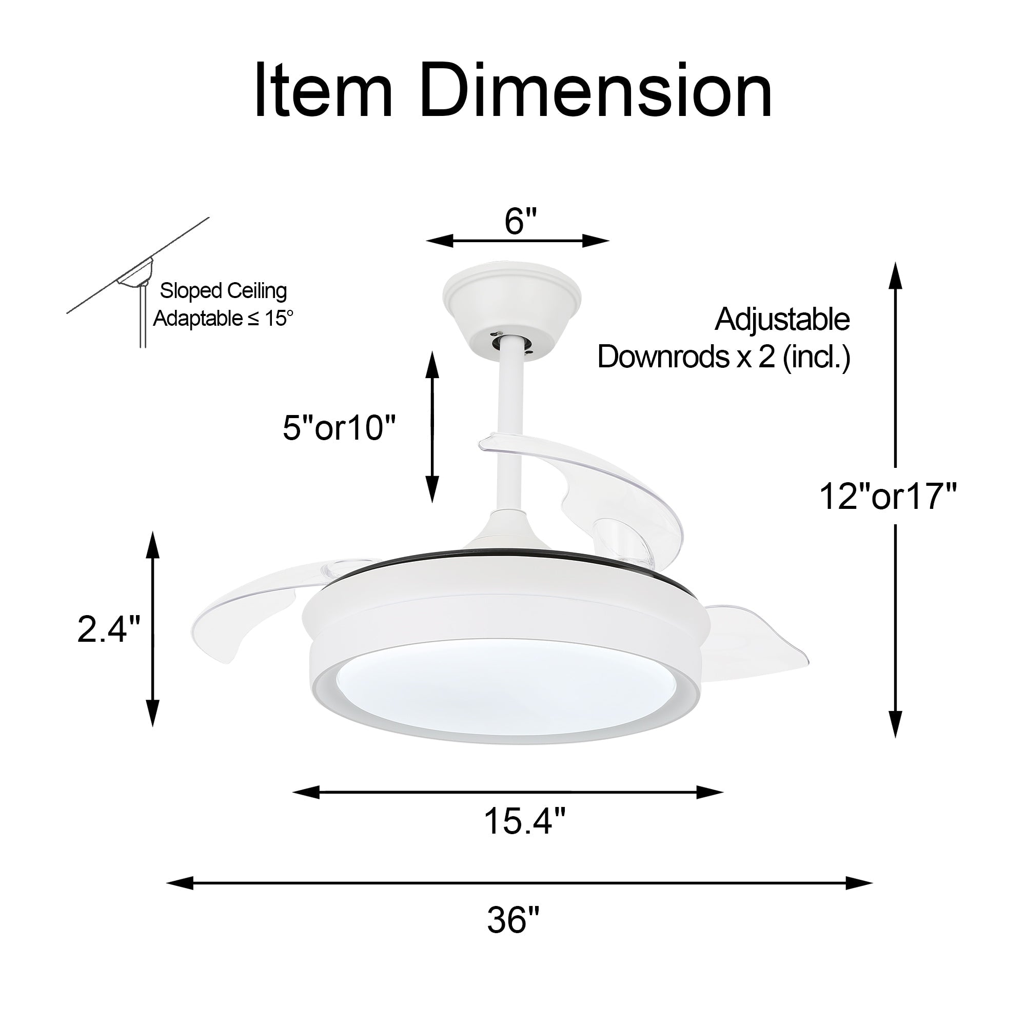 Bella Depot 36 Modern Retractable Ceiling Fan with Led Light, 6-Speed Reversible Blades with Remote