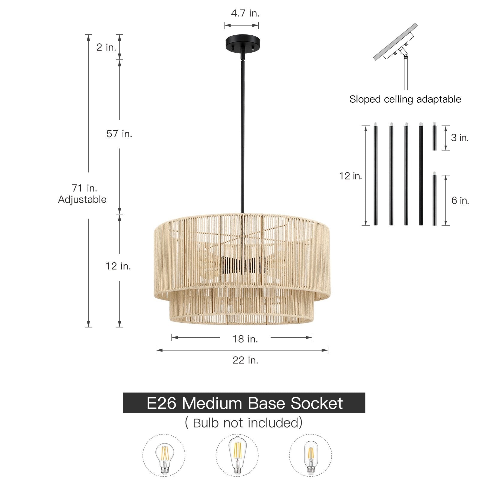 4-Light Rattan Tiered Drum Chandelier Light with Black Canopy - 22'' W