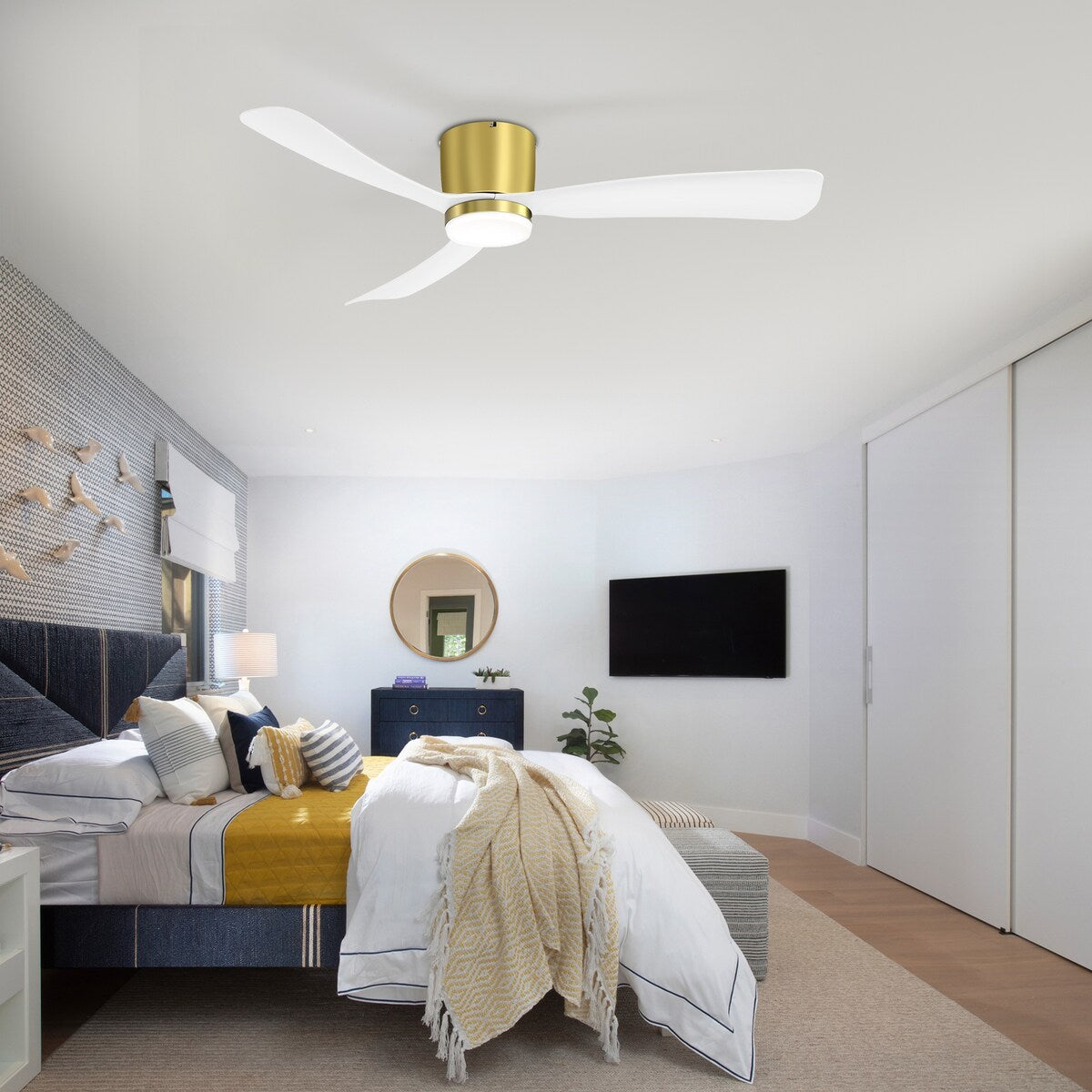 52 Inch Black/White Flush Mount LED Ceiling Fan with Lights Remote(3-Blade)