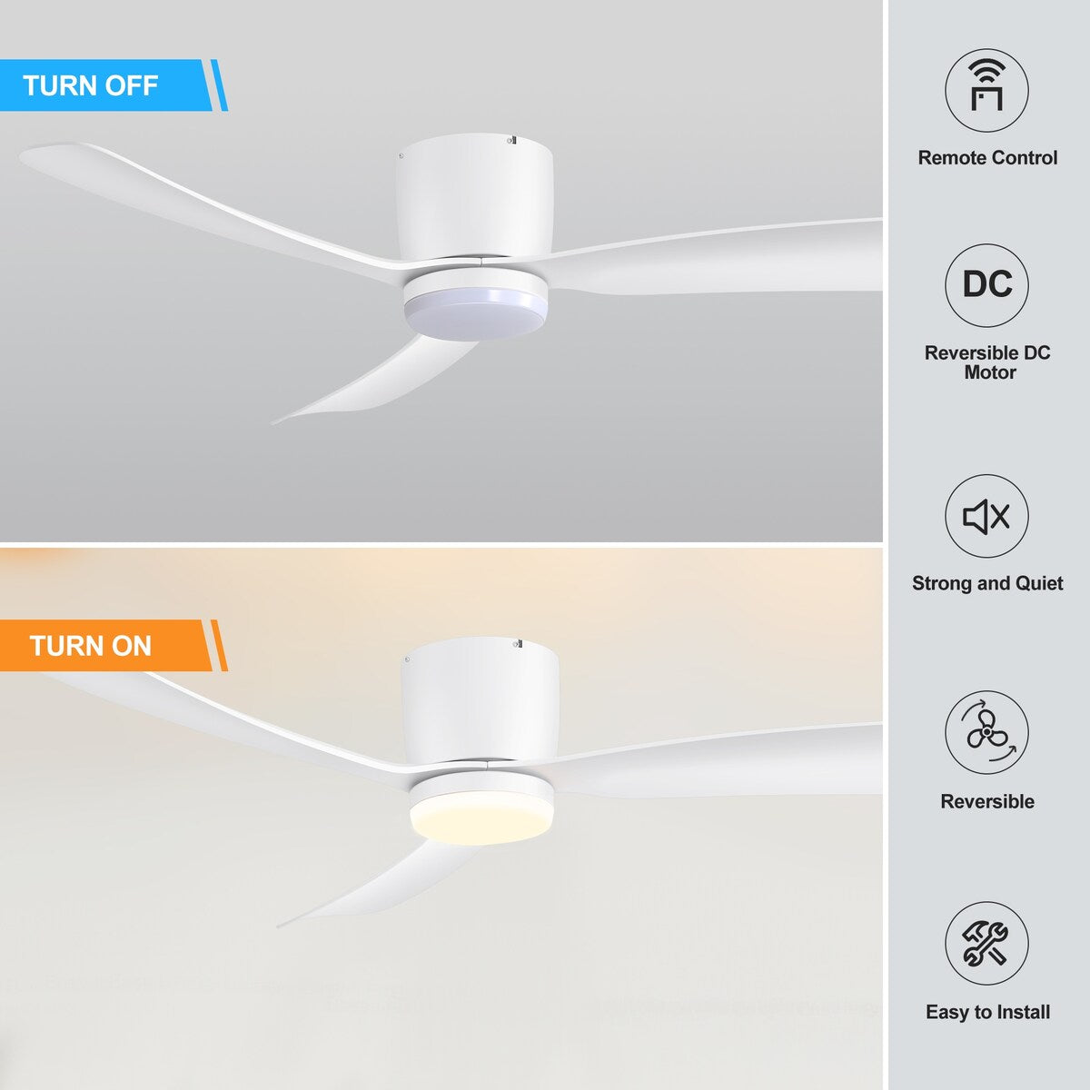 52 Inch Black/White Flush Mount LED Ceiling Fan with Lights Remote(3-Blade)