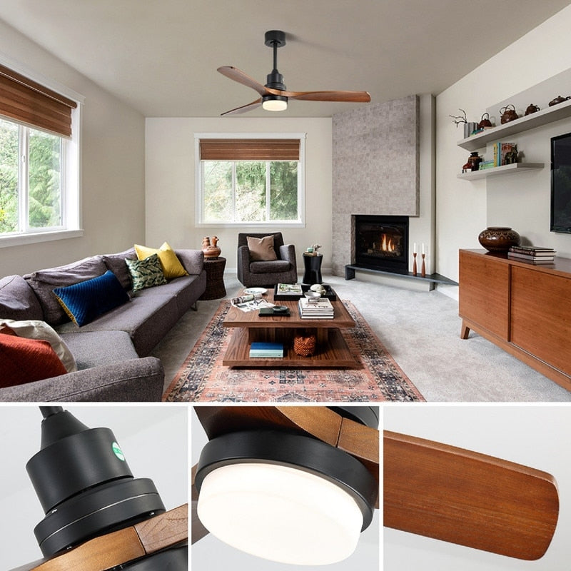 52/60/48 Noiseless Walnut Wood Ceiling Fan with Remote Control, Integrated Light Optional