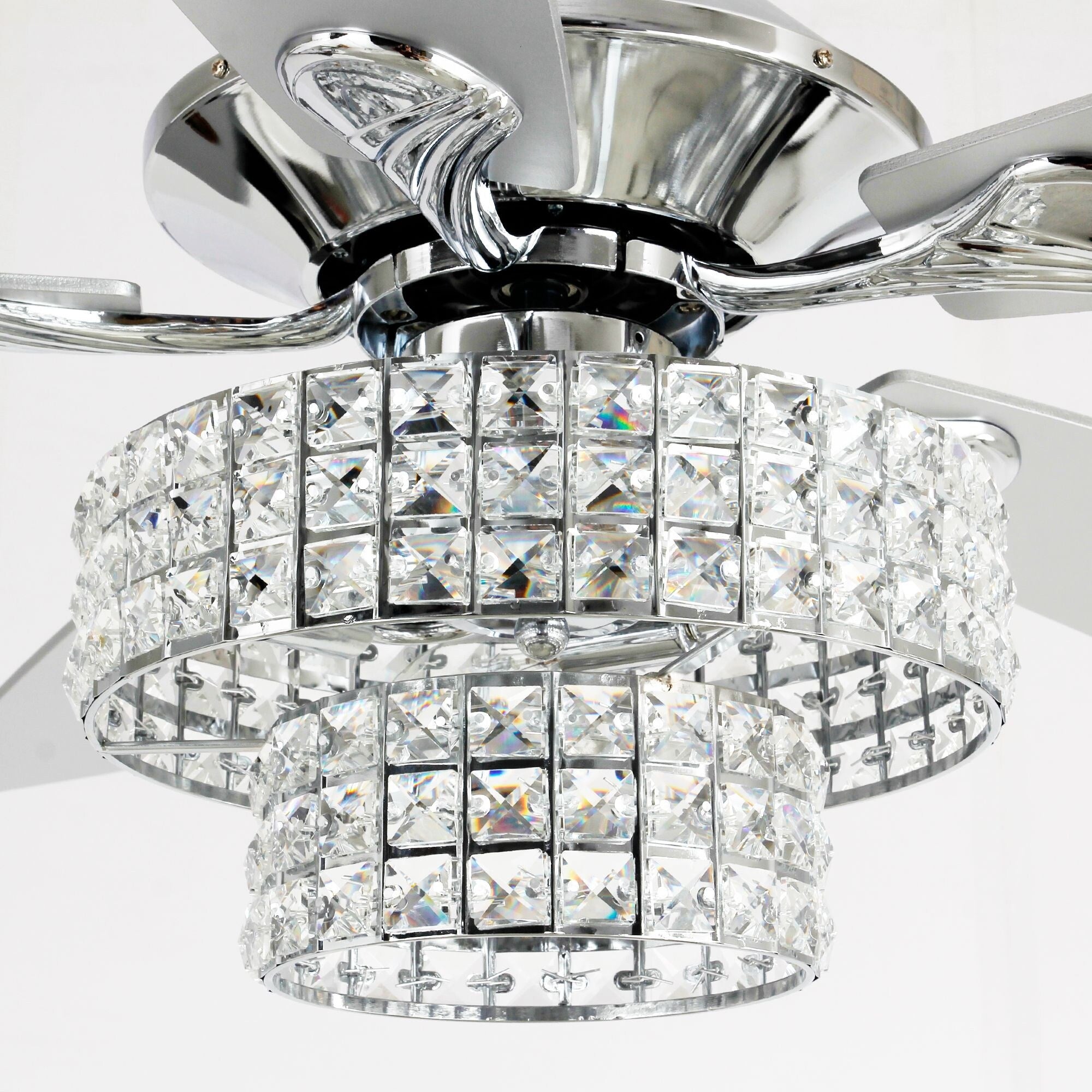 52-inch Chrome Wooden 5-blade Modern Crystal Ceiling Fan with Remote