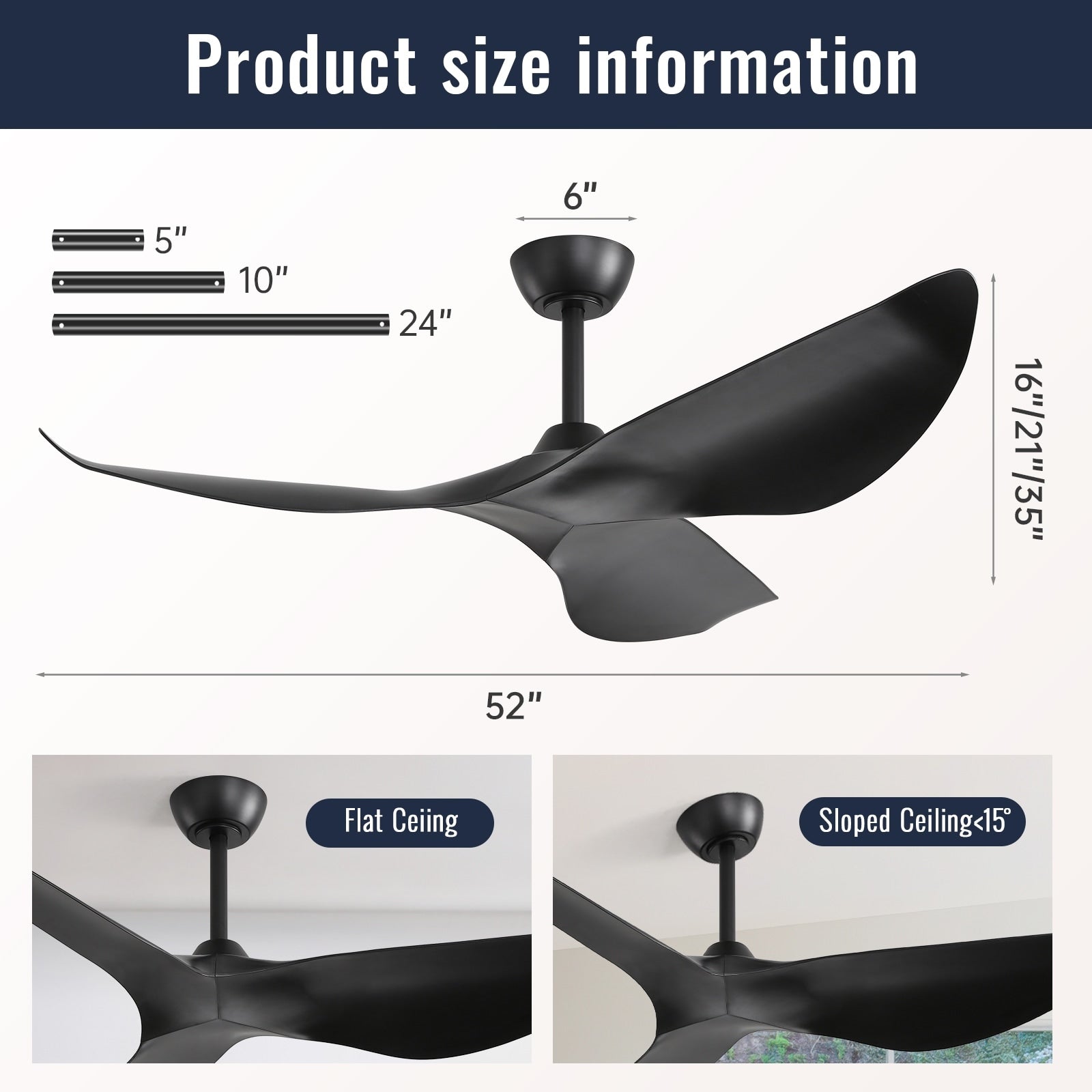 52 inch Modern Solid Wood / ABS Ceiling Fan With Remote Control(No Light),6 WInd Speed,Reversible Airflow