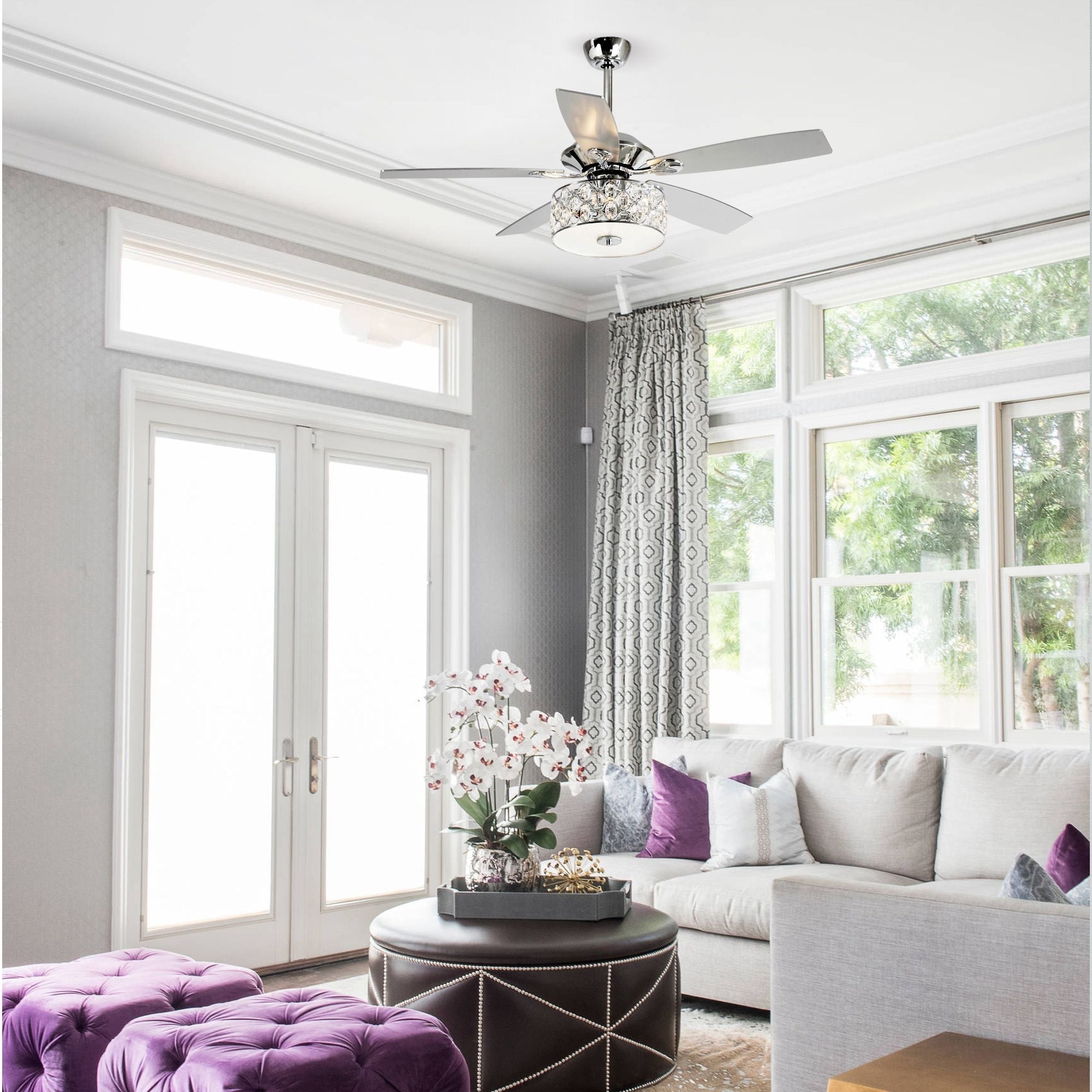 52 Modern 4-Light Chandelier Crystal Ceiling Fan with Remote