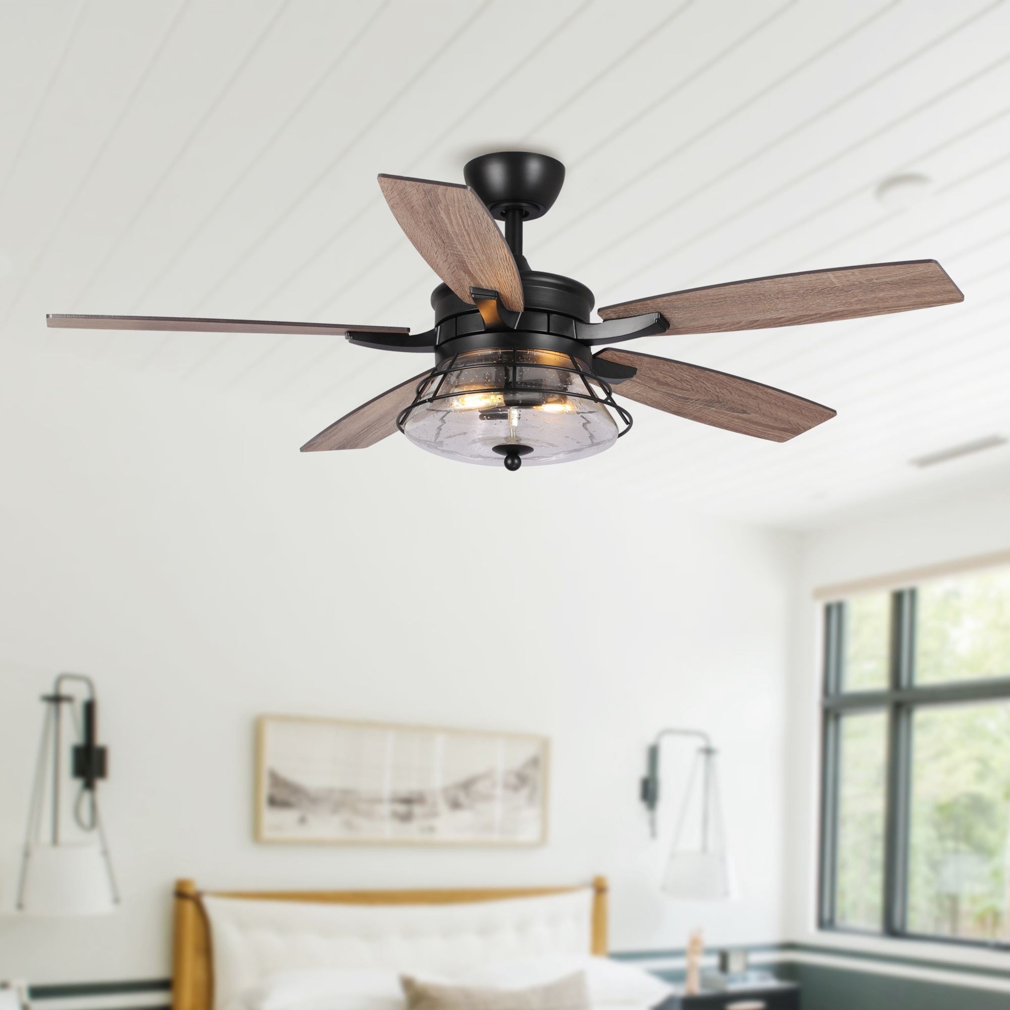 52 Industrial Seeded Glass Black Decorative Ceiling Fan with Remote and Light Kit