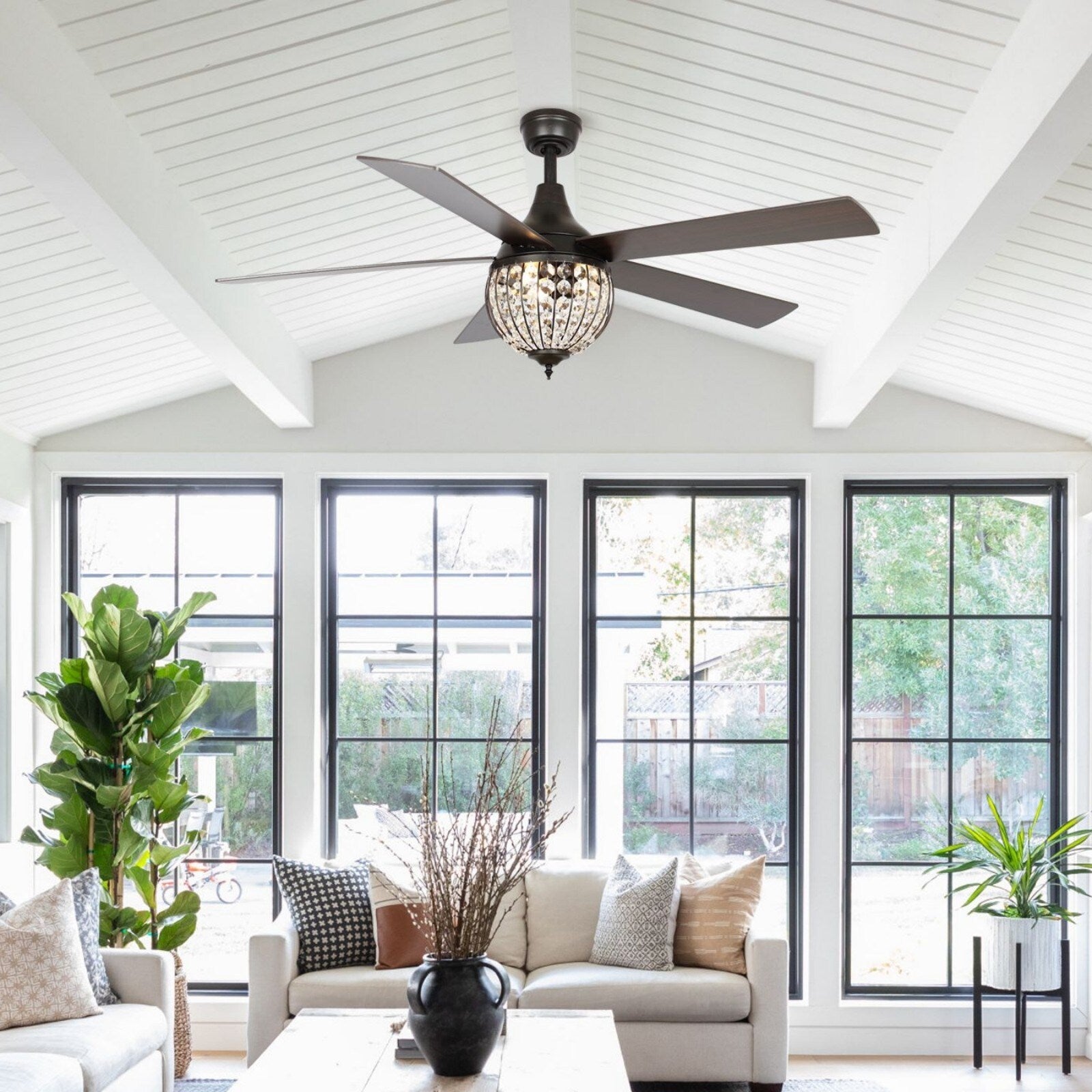 52 Industrial Black Wood 5-blade Crystal Ceiling Fan with Remote