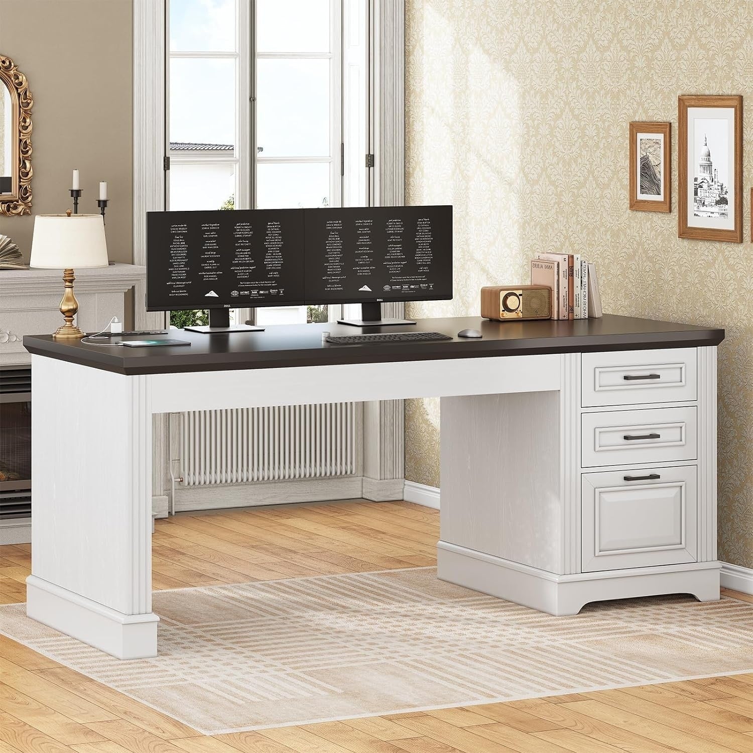 Farmhouse Executive Desk Home Office Desk File Drawer Monitor Stand Power Outlet