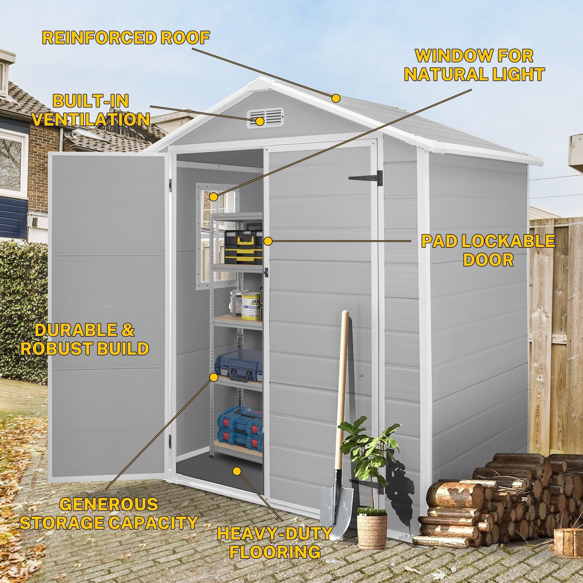 6 ft x 4 ft/6 ft x 8 ft/8 ft x 6 ft/8 ft x 10 ft All-Weather Resin Outdoor Plastic Storage Shed w/Floor, Spire Tool Shed