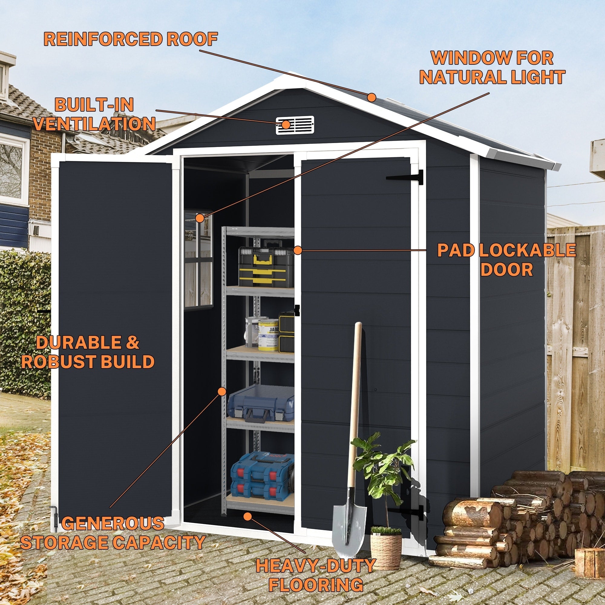 6 ft x 4 ft/6 ft x 8 ft/8 ft x 6 ft/8 ft x 10 ft All-Weather Resin Outdoor Plastic Storage Shed w/Floor, Spire Tool Shed