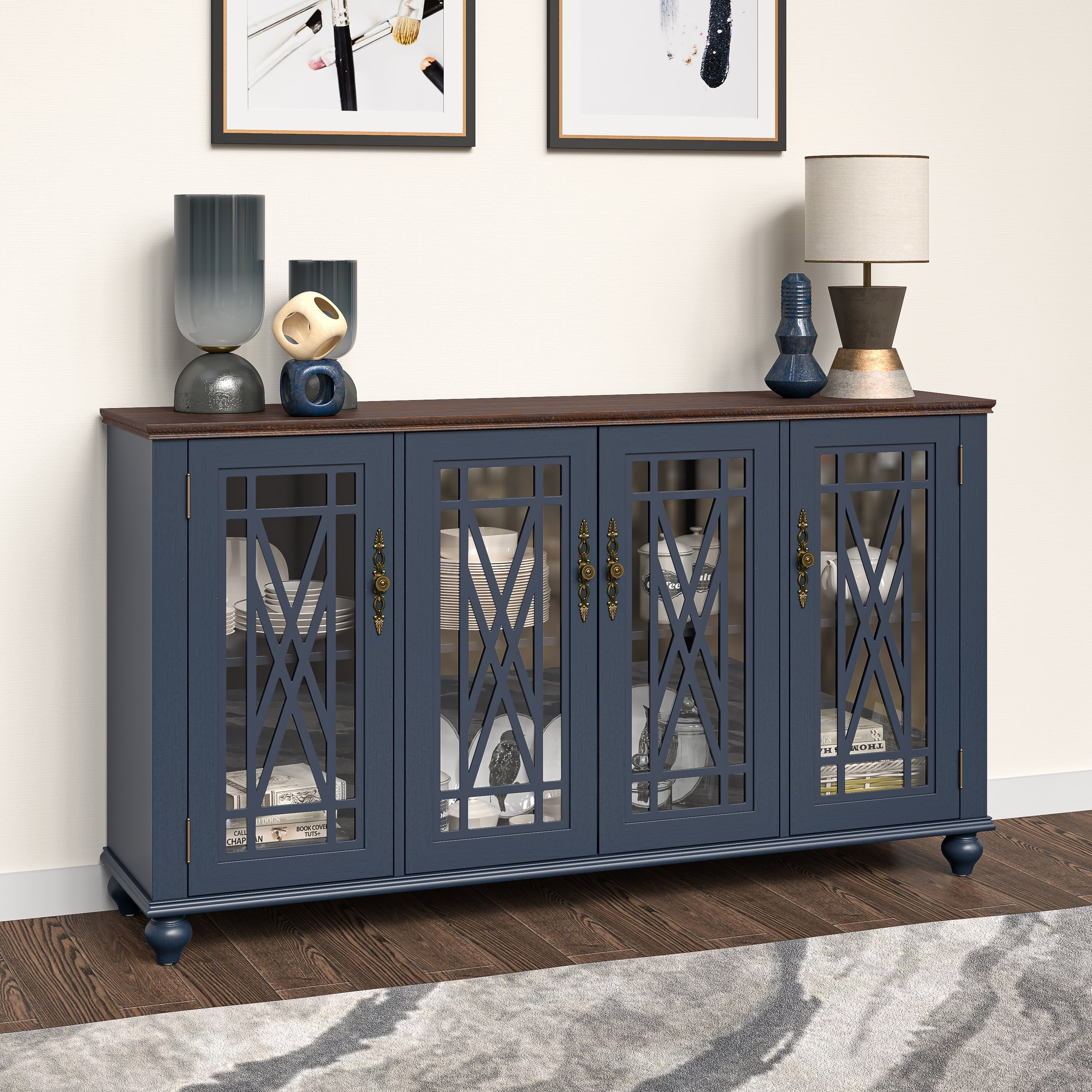 63 Vintage Style Wood Kitchen Accent Buffet Sideboard Cabinet - 63 in Width