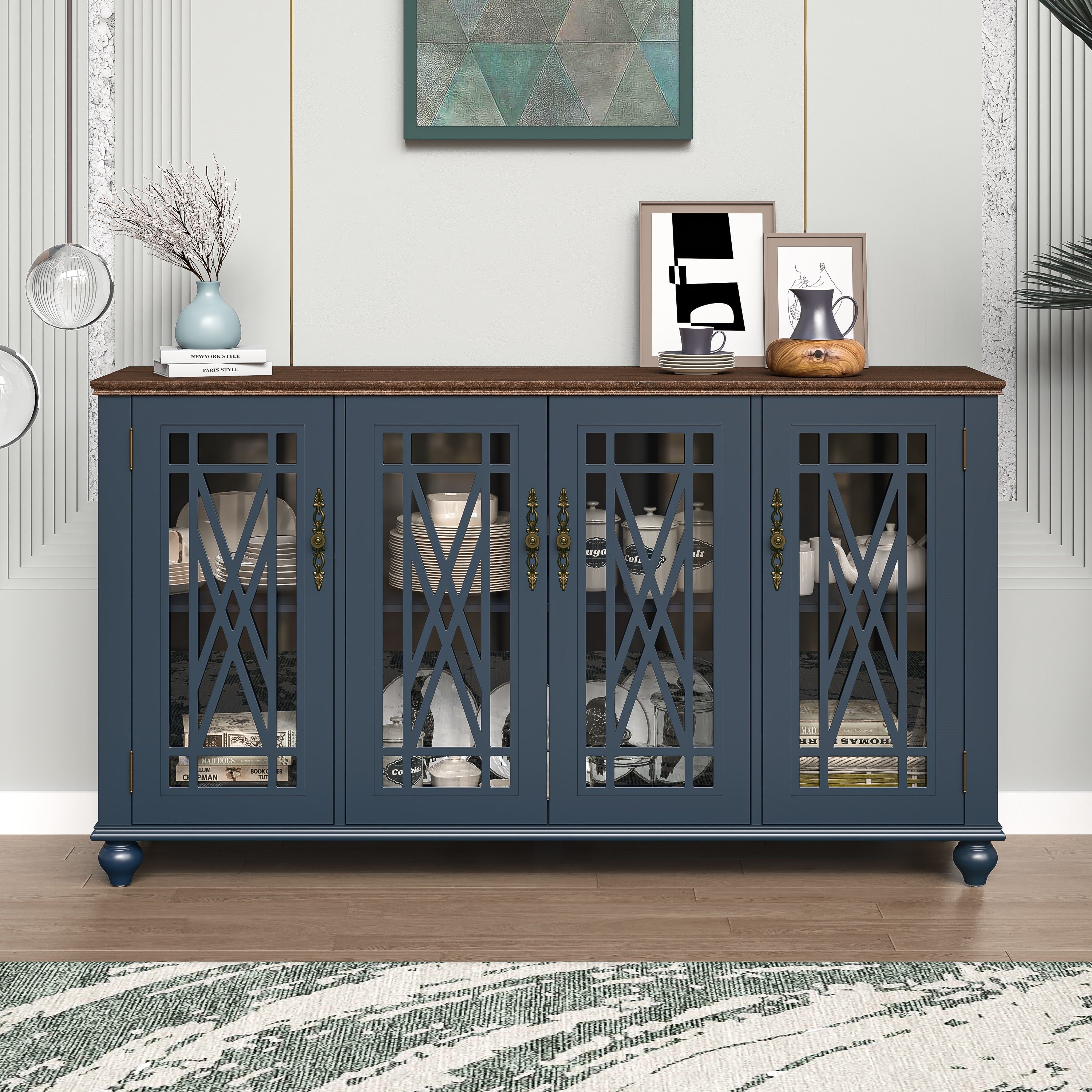 63 Vintage Style Wood Kitchen Accent Buffet Sideboard Cabinet - 63 in Width