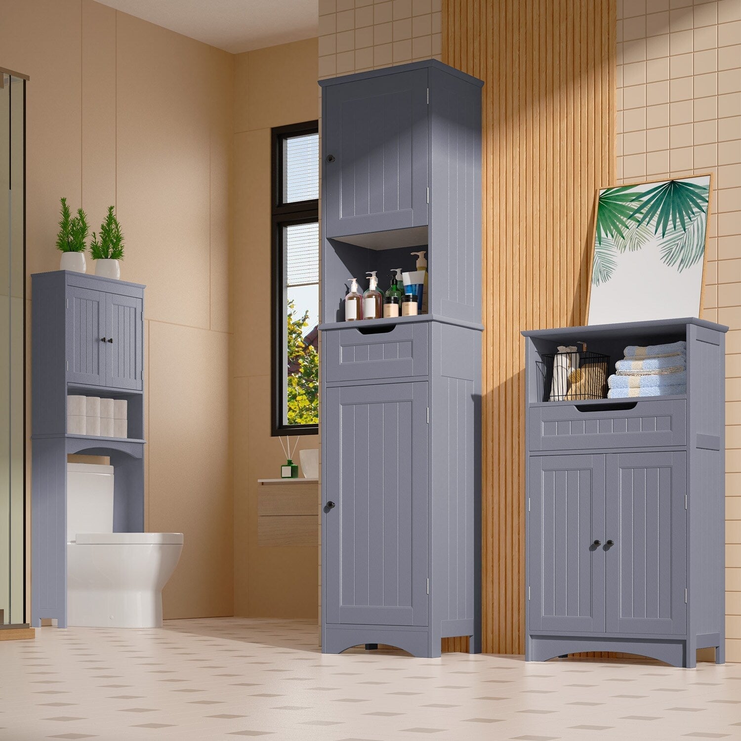67'' Tall Bathroom Narrow Linen Cabinet, 5 Tiers Solid Wood Freestanding Storage Cabinet