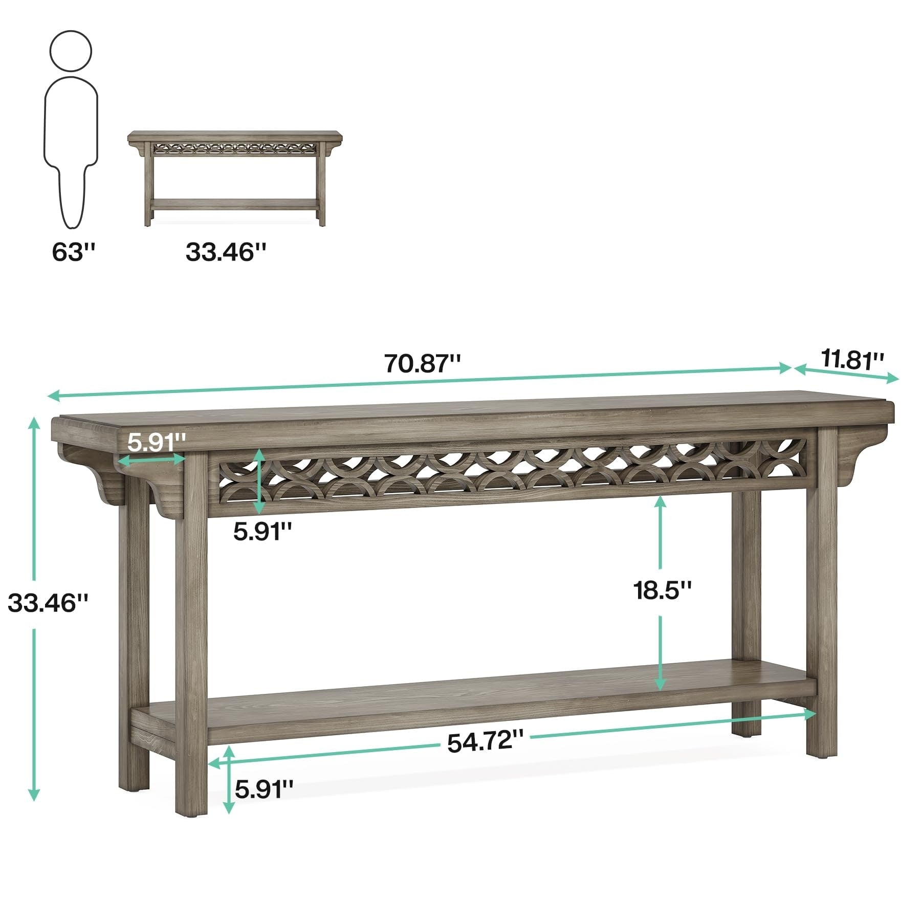 Table console longue en bois massif de style ferme de 70,8 pouces, table de canapé