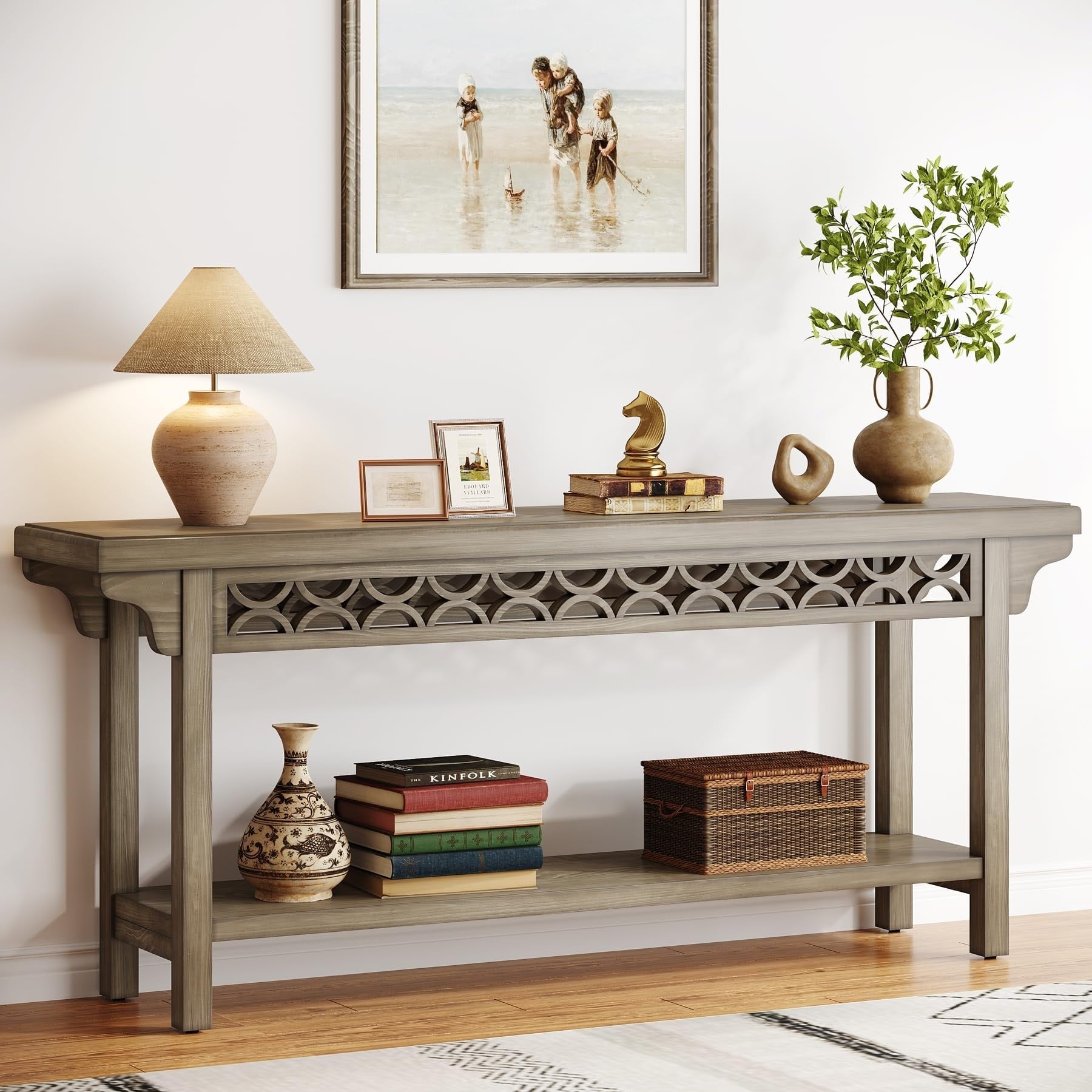Table console longue en bois massif de style ferme de 70,8 pouces, table de canapé