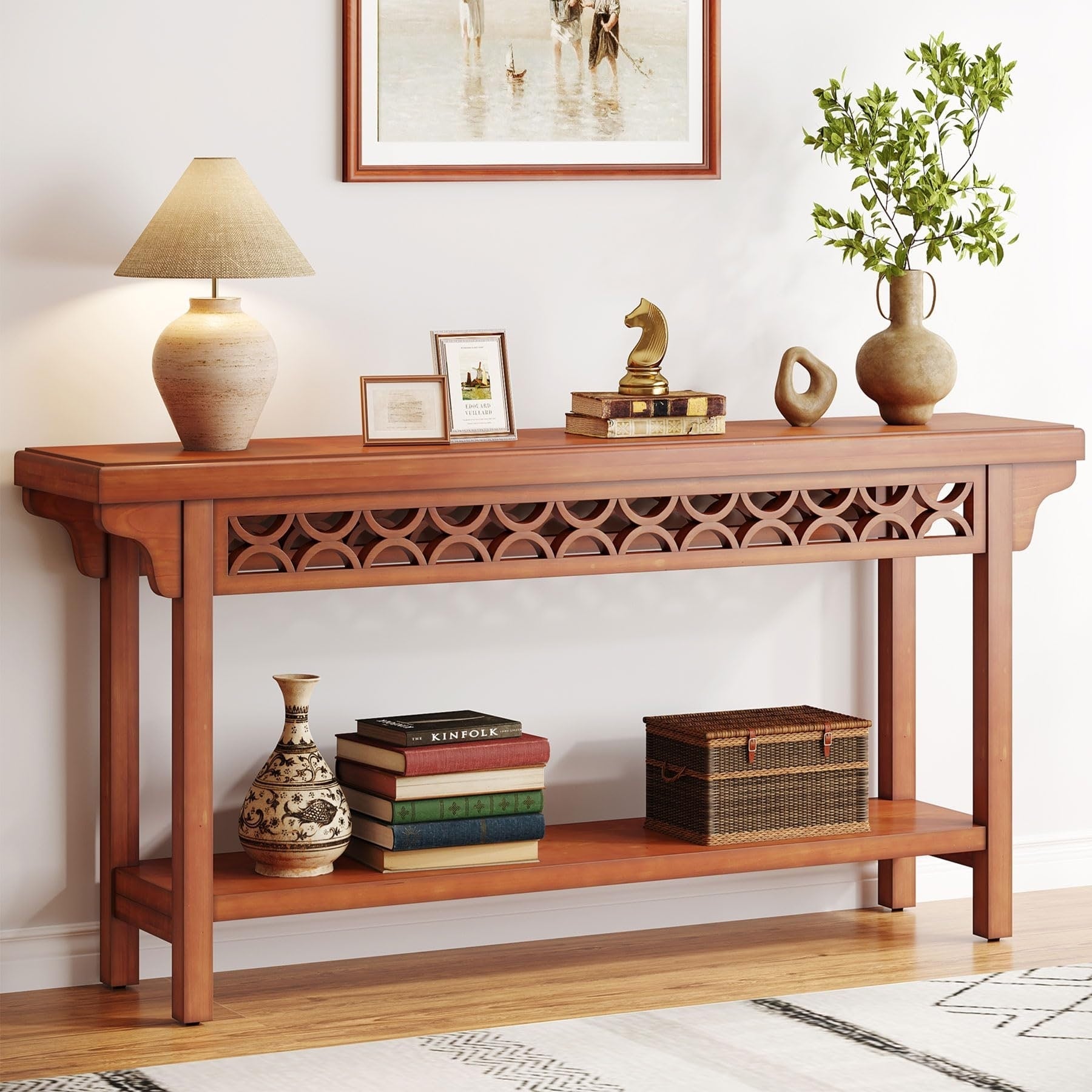 Table console longue en bois massif de style ferme de 70,8 pouces, table de canapé