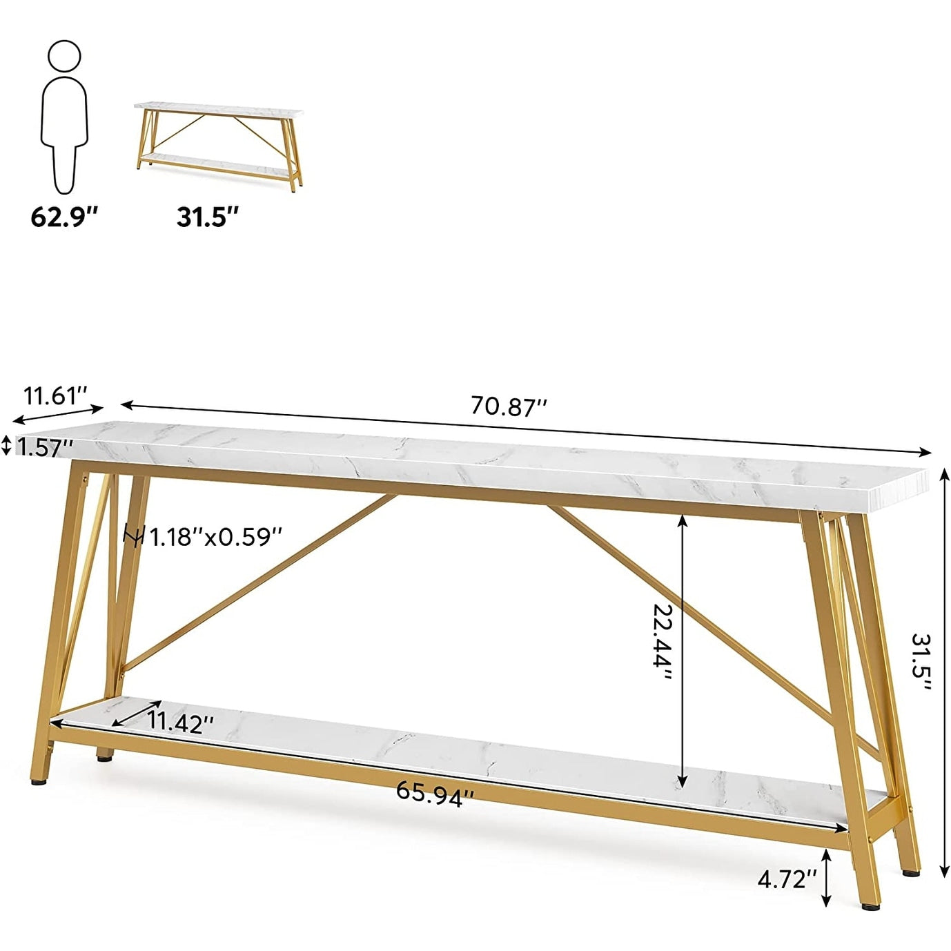 Table console d'entrée de style industriel extra-longue de 70,9 pouces