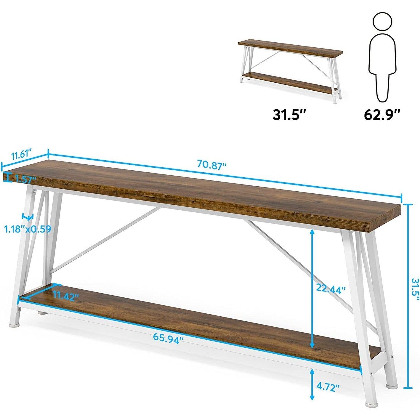 Table console d'entrée de style industriel extra-longue de 70,9 pouces