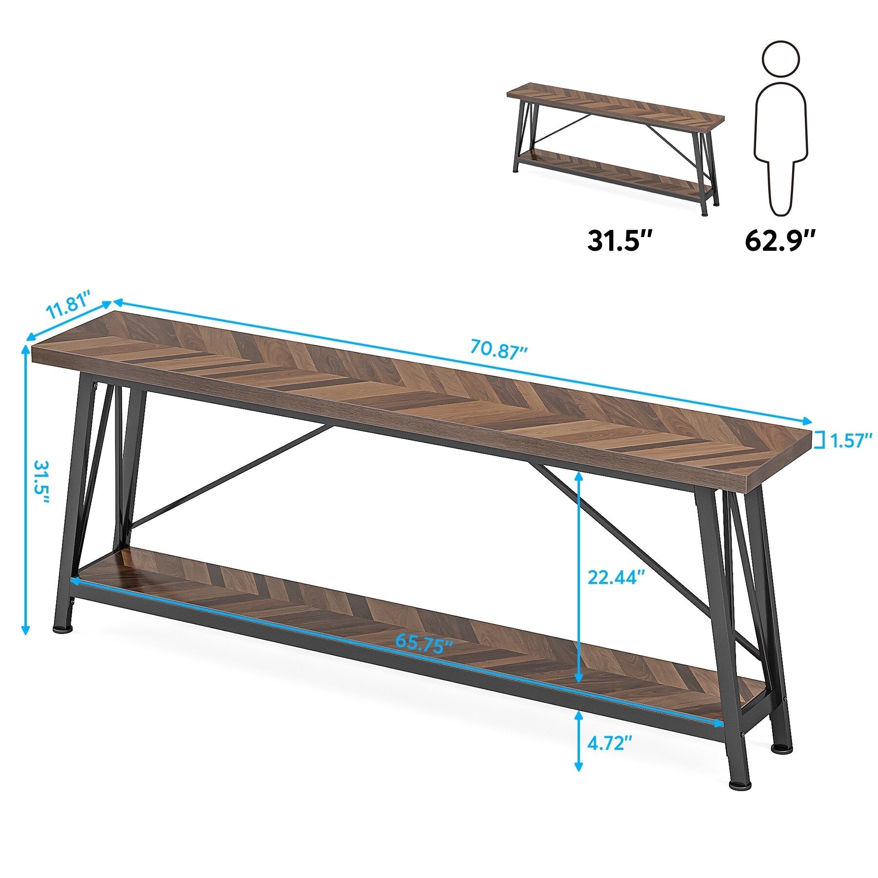 Table console d'entrée de style industriel extra-longue de 70,9 pouces