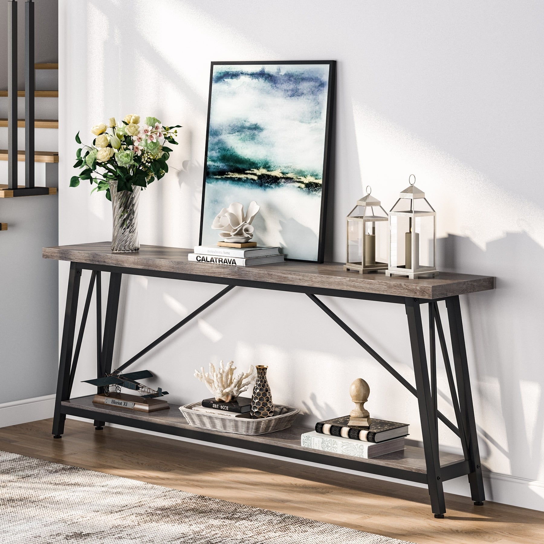 Table console d'entrée de style industriel extra-longue de 70,9 pouces