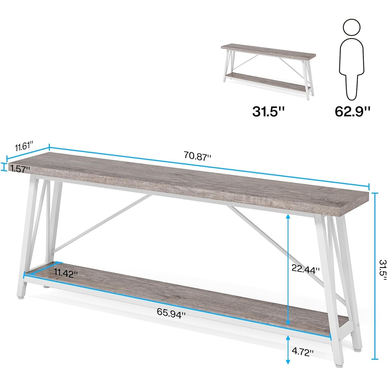 Table console d'entrée de style industriel extra-longue de 70,9 pouces