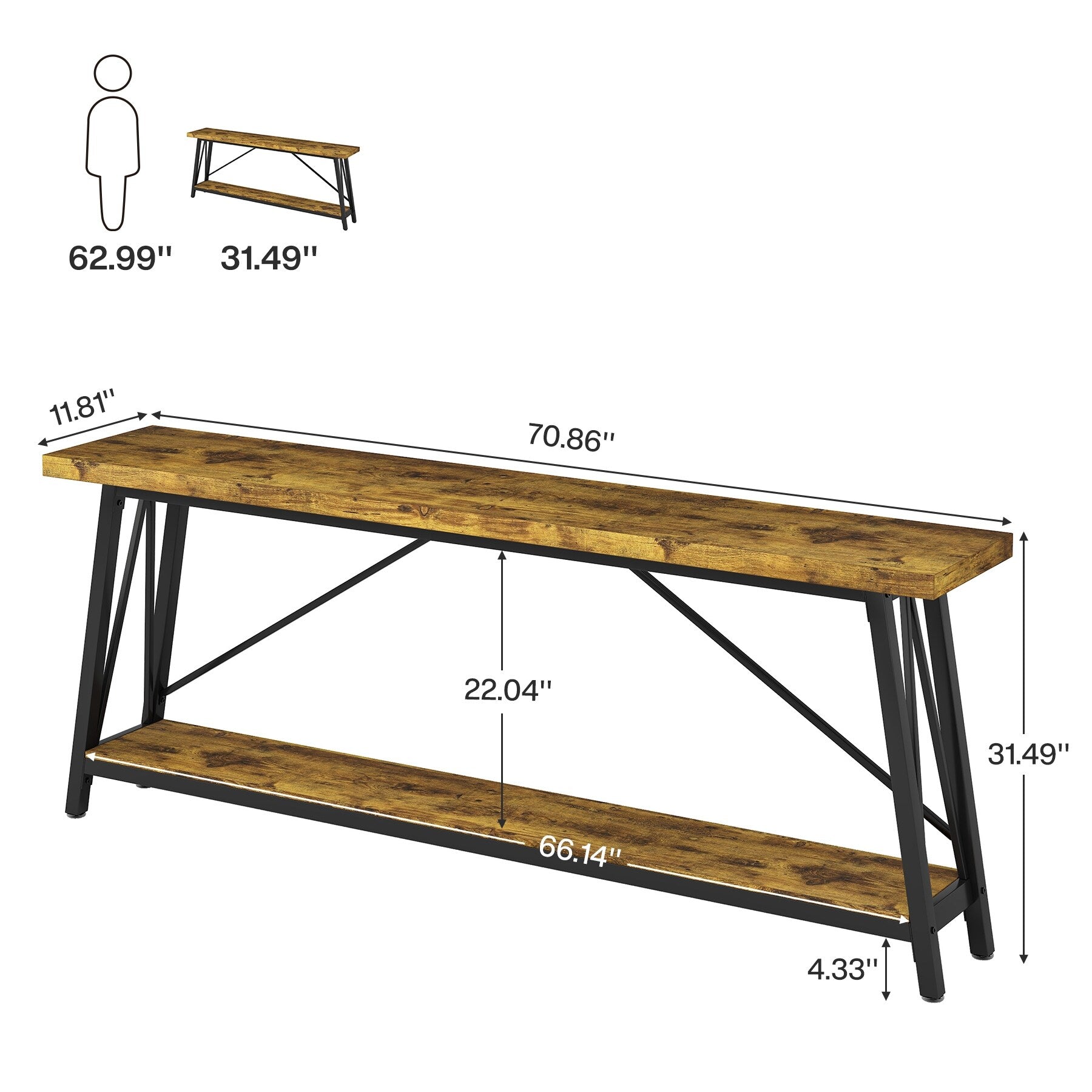 Table console d'entrée de style industriel extra-longue de 70,9 pouces