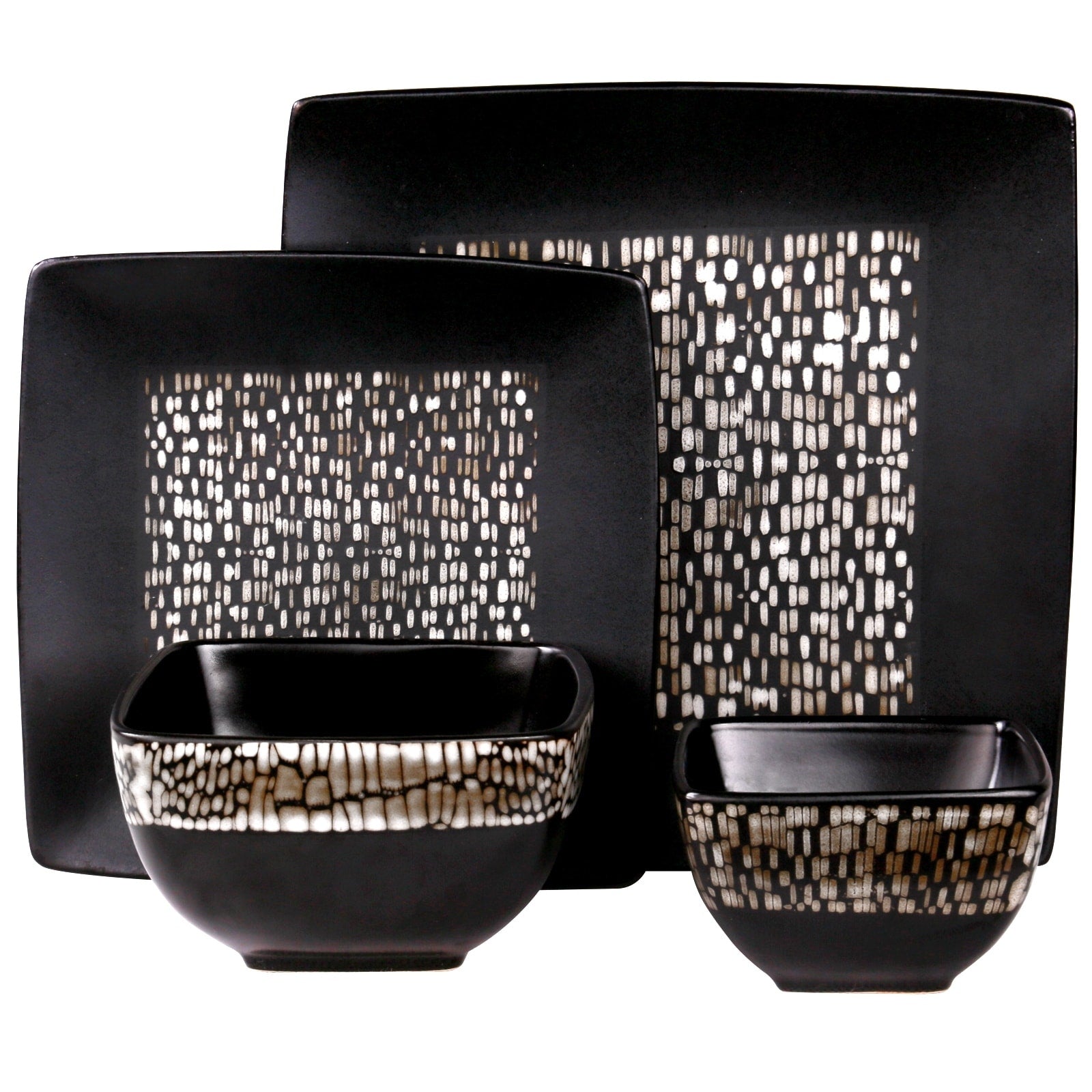 Abstract Square Double Bowl Black Stoneware Dinnerware Set 16 Pieces