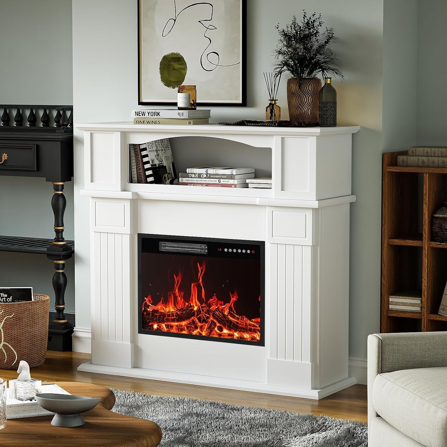 Cheminée électrique Bossin 43 avec manteau, insert de cheminée électrique de 23 pouces, meuble TV autonome avec foyer en bois