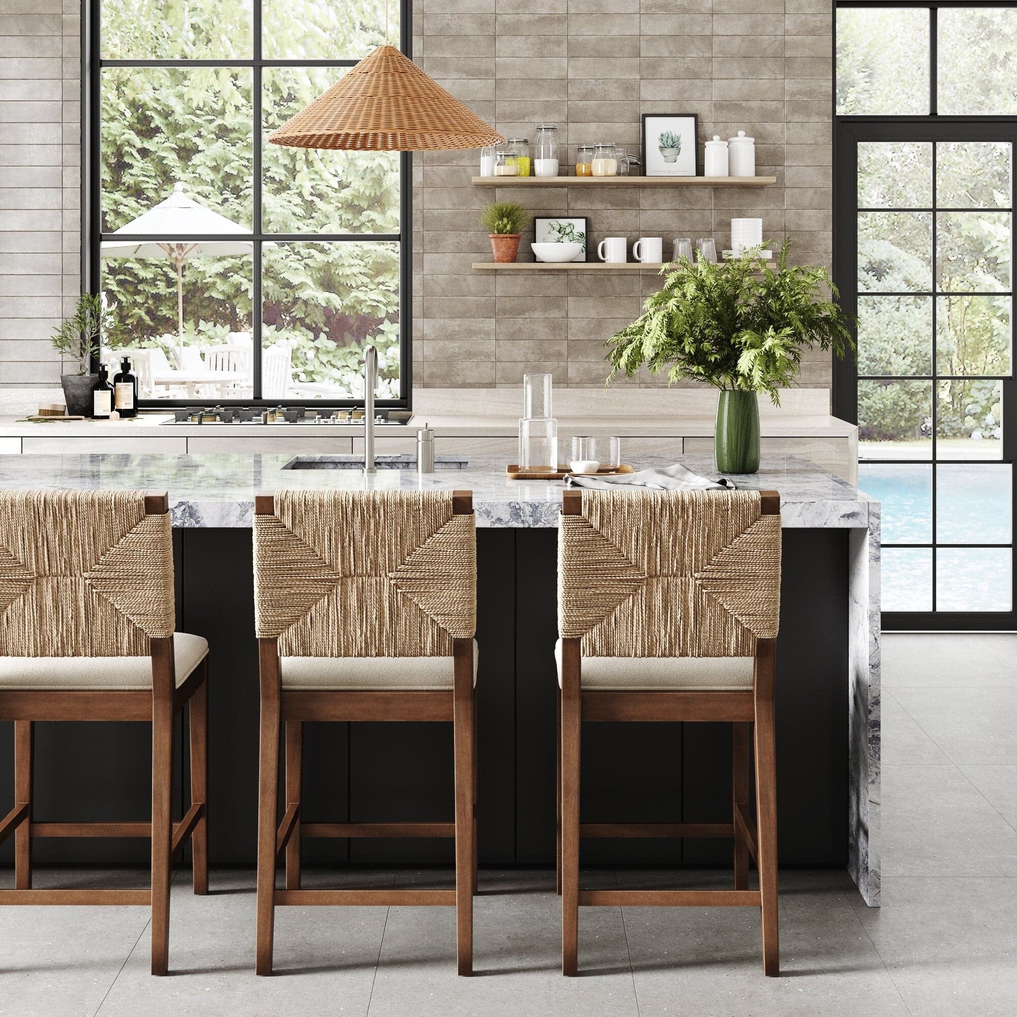 Beacon Bohemian Boucle Bar Stool, Upholstered Counter Height Chair with Solid Wood Frame and Woven Seagrass Back
