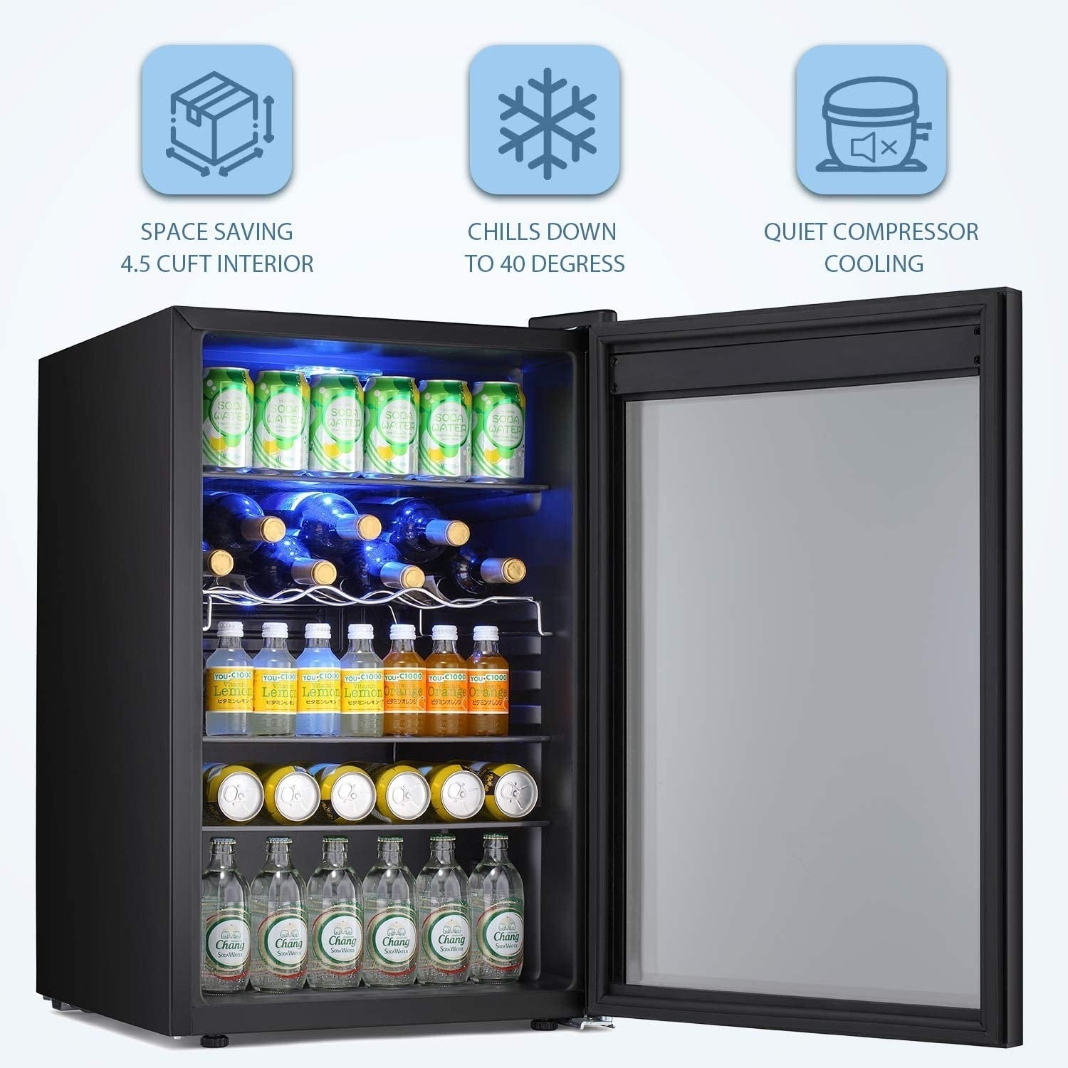Cave à vin de 4,4 pi³ avec éclairage LED et boutons tactiles, étagères amovibles, moins de 38 dB