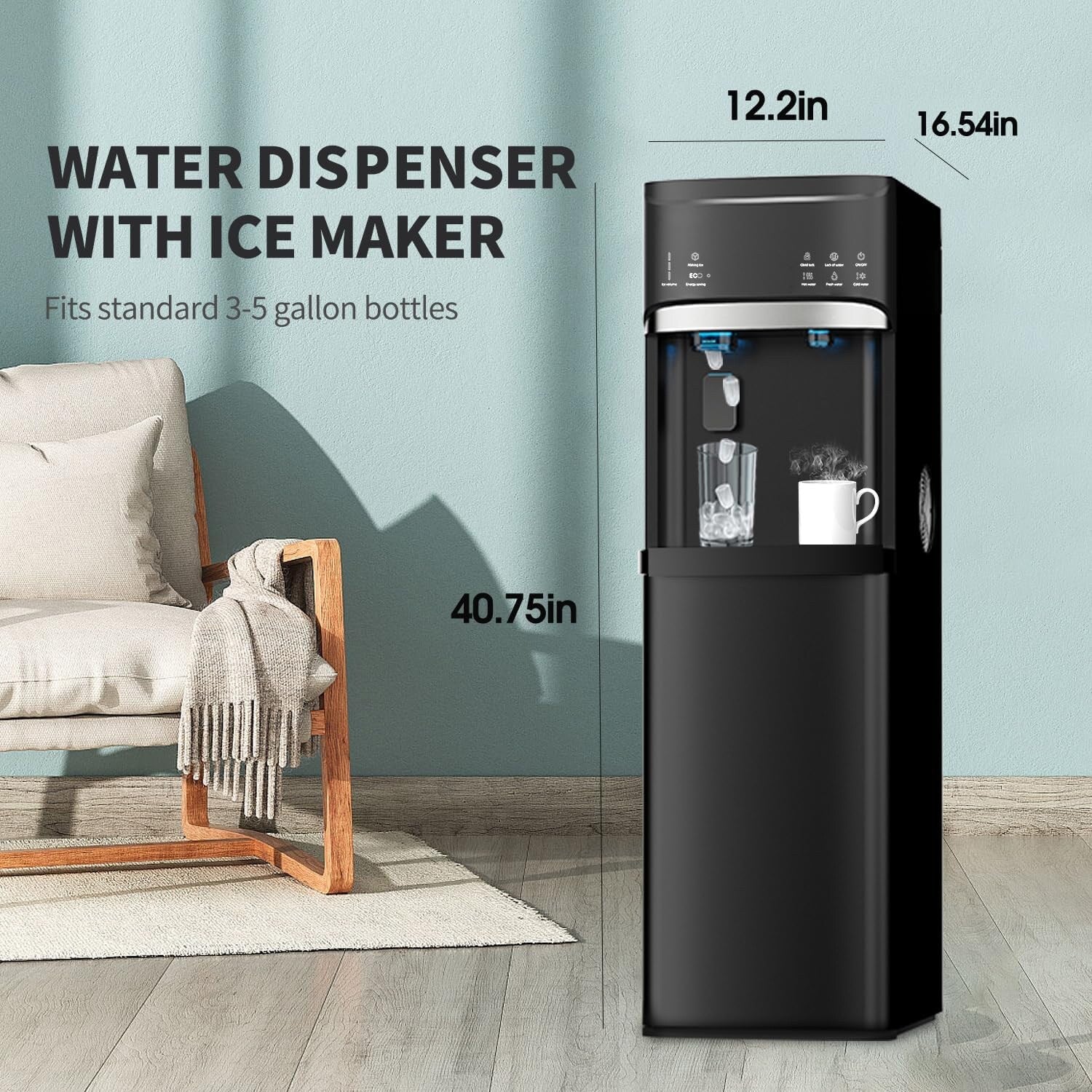 Distributeurs d'eau chaude et froide 3 en 1 noirs avec machine à glaçons