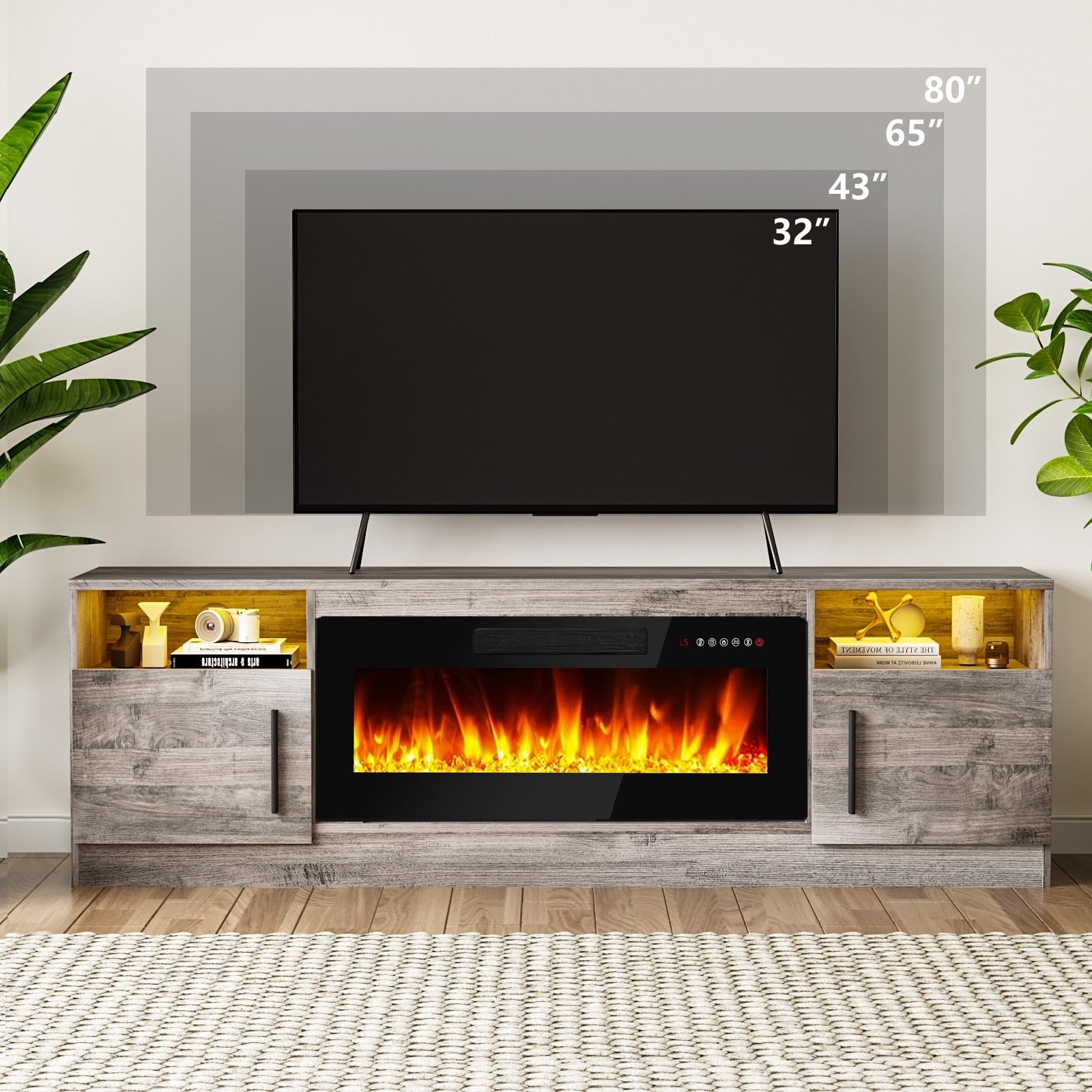 Meuble TV Bossin 70 avec cheminée électrique de 36 pouces, meuble TV pour téléviseurs jusqu'à 80 pouces, éclairage LED 16 couleurs/centre de divertissement