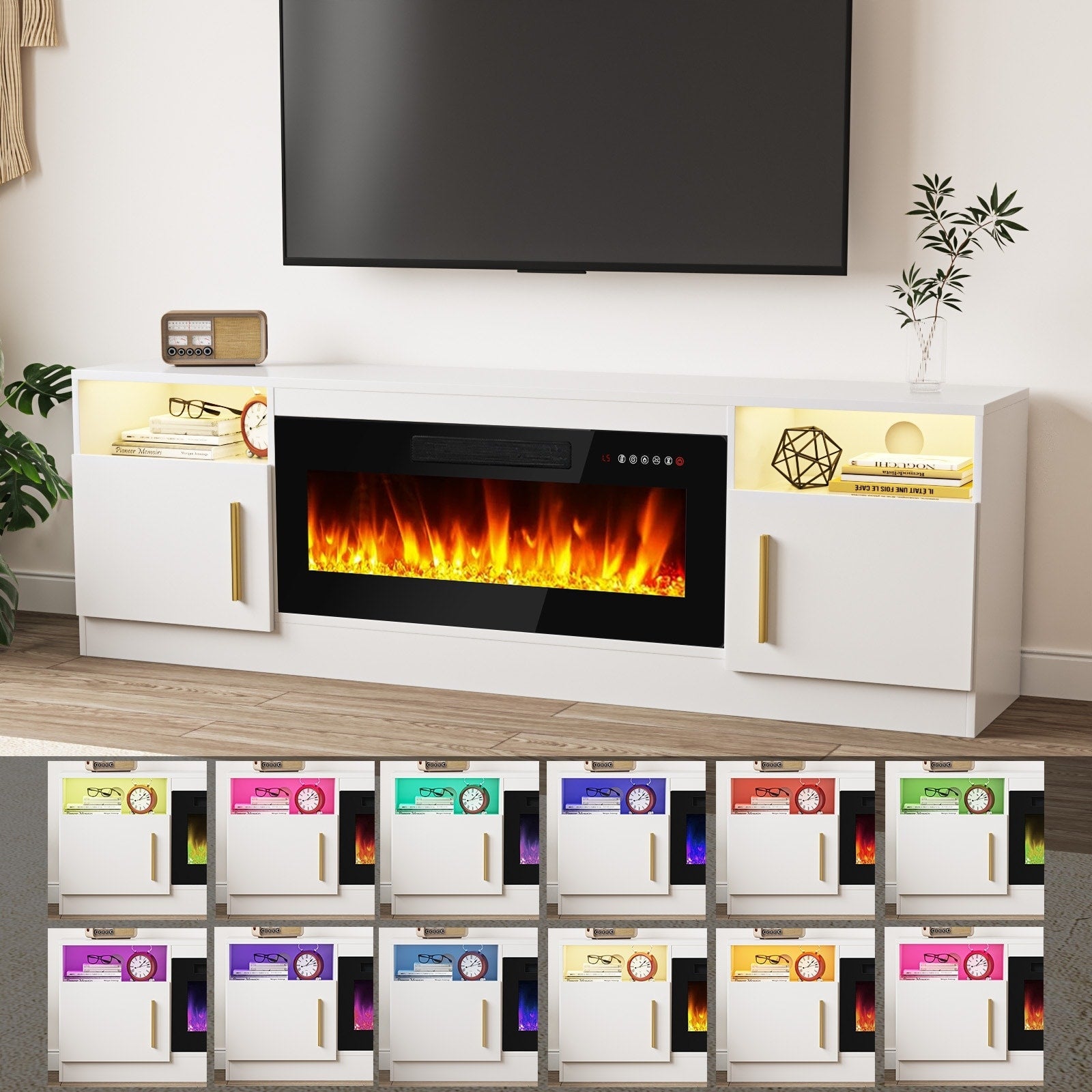 Meuble TV Bossin 70 avec cheminée électrique de 36 pouces, meuble TV pour téléviseurs jusqu'à 80 pouces, éclairage LED 16 couleurs/centre de divertissement