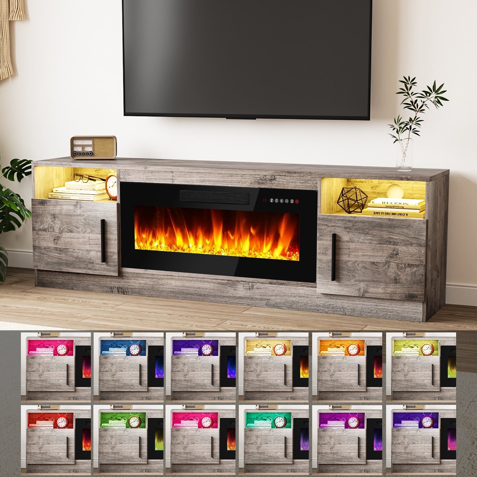 Meuble TV Bossin 70 avec cheminée électrique de 36 pouces, meuble TV pour téléviseurs jusqu'à 80 pouces, éclairage LED 16 couleurs/centre de divertissement