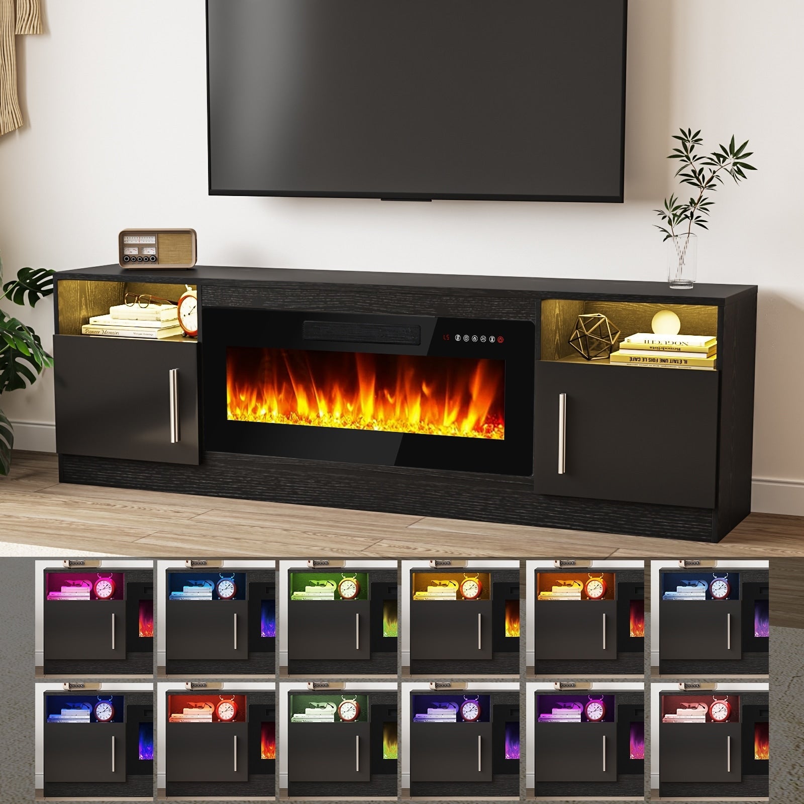Meuble TV Bossin 70 avec cheminée électrique de 36 pouces, meuble TV pour téléviseurs jusqu'à 80 pouces, éclairage LED 16 couleurs/centre de divertissement