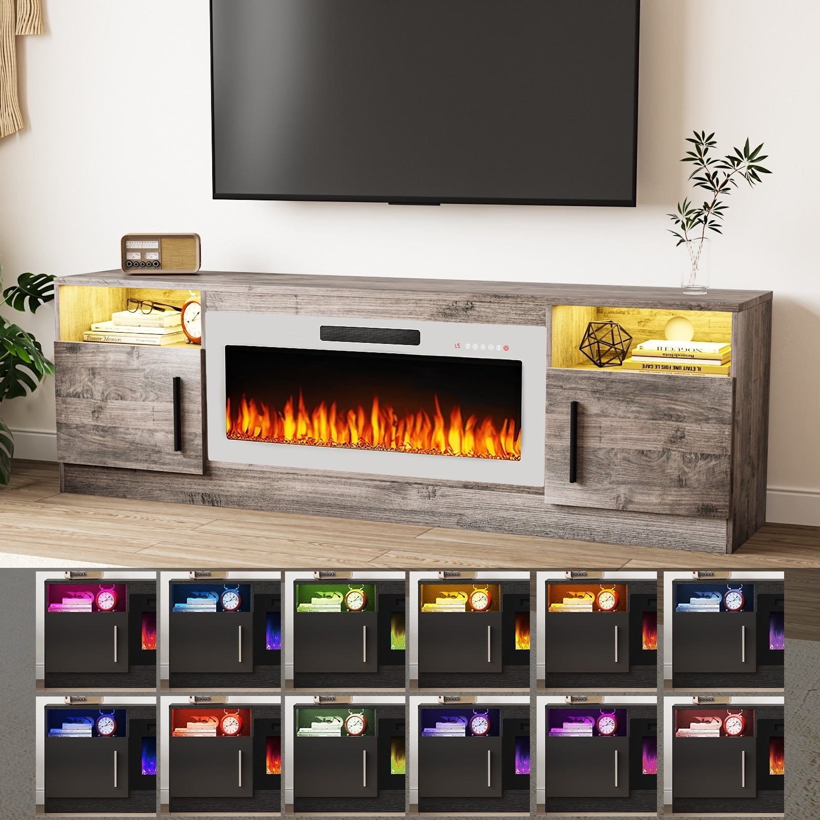 Meuble TV Bossin 70 avec cheminée électrique de 36 pouces, meuble TV pour téléviseurs jusqu'à 80 pouces, éclairage LED 16 couleurs/centre de divertissement