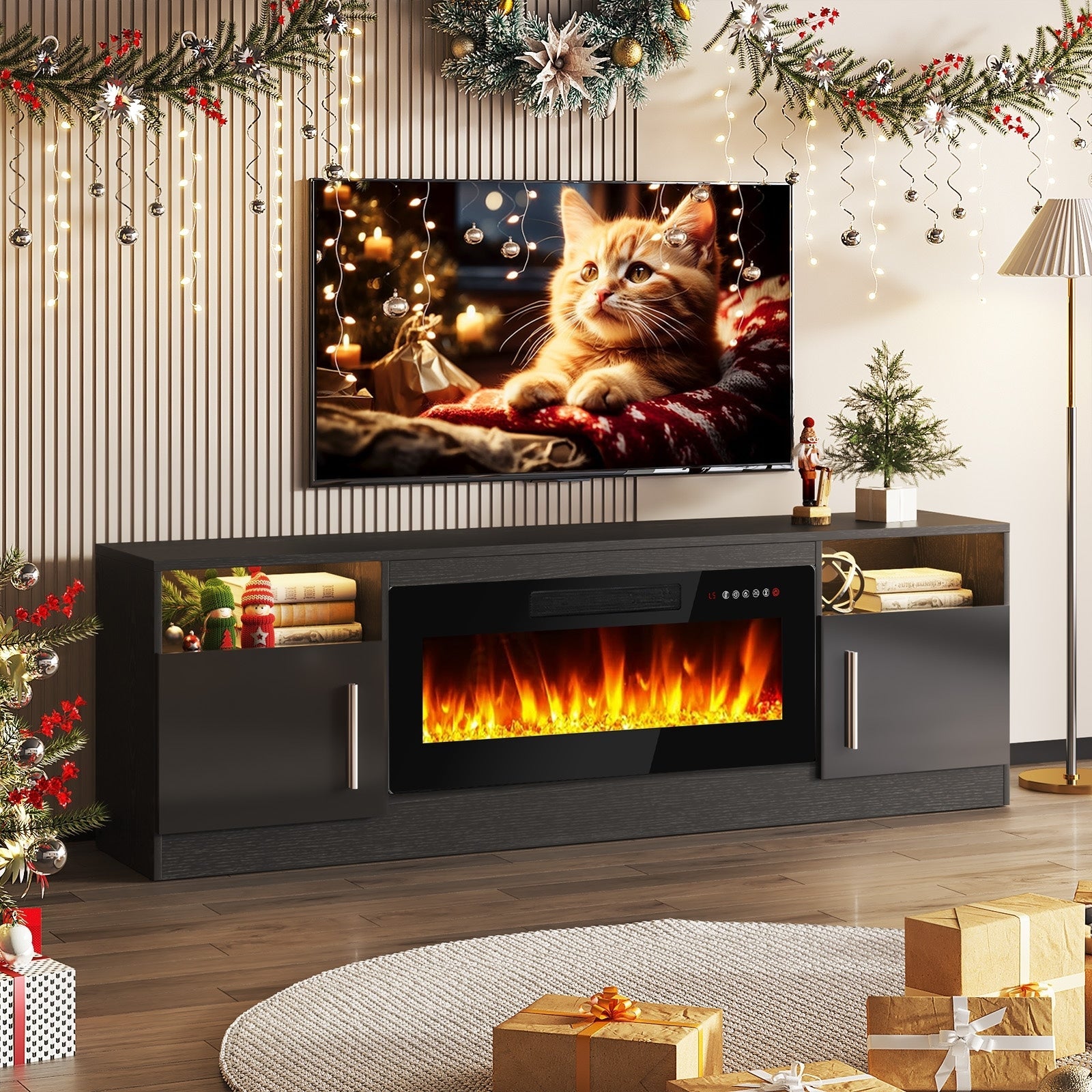 Meuble TV Bossin 70 avec cheminée électrique de 36 pouces, meuble TV pour téléviseurs jusqu'à 80 pouces, éclairage LED 16 couleurs/centre de divertissement