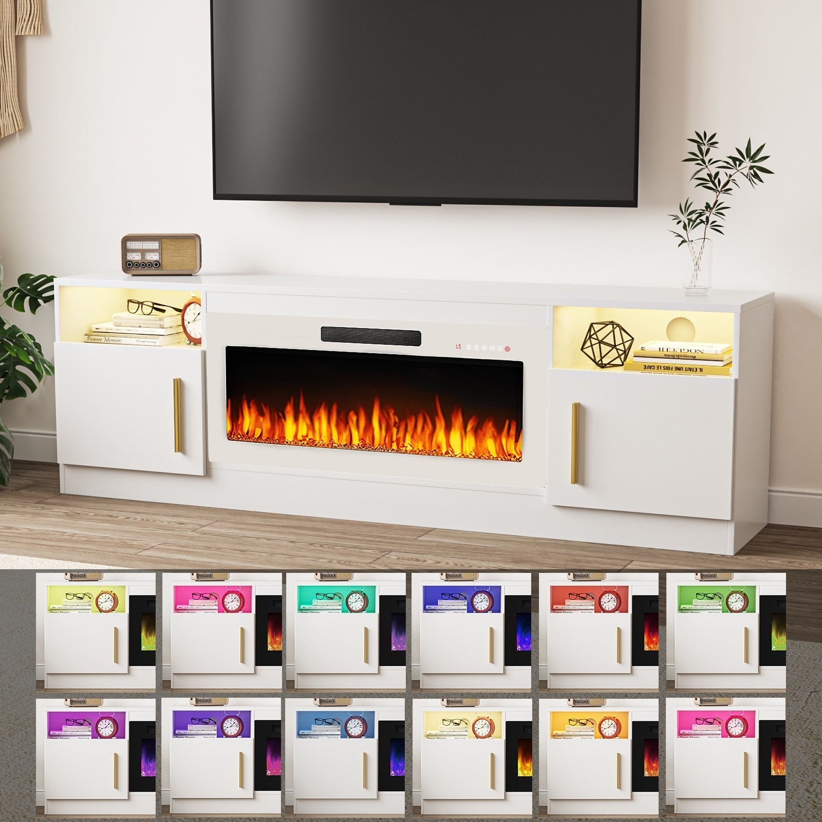 Meuble TV Bossin 70 avec cheminée électrique de 36 pouces, meuble TV pour téléviseurs jusqu'à 80 pouces, éclairage LED 16 couleurs/centre de divertissement
