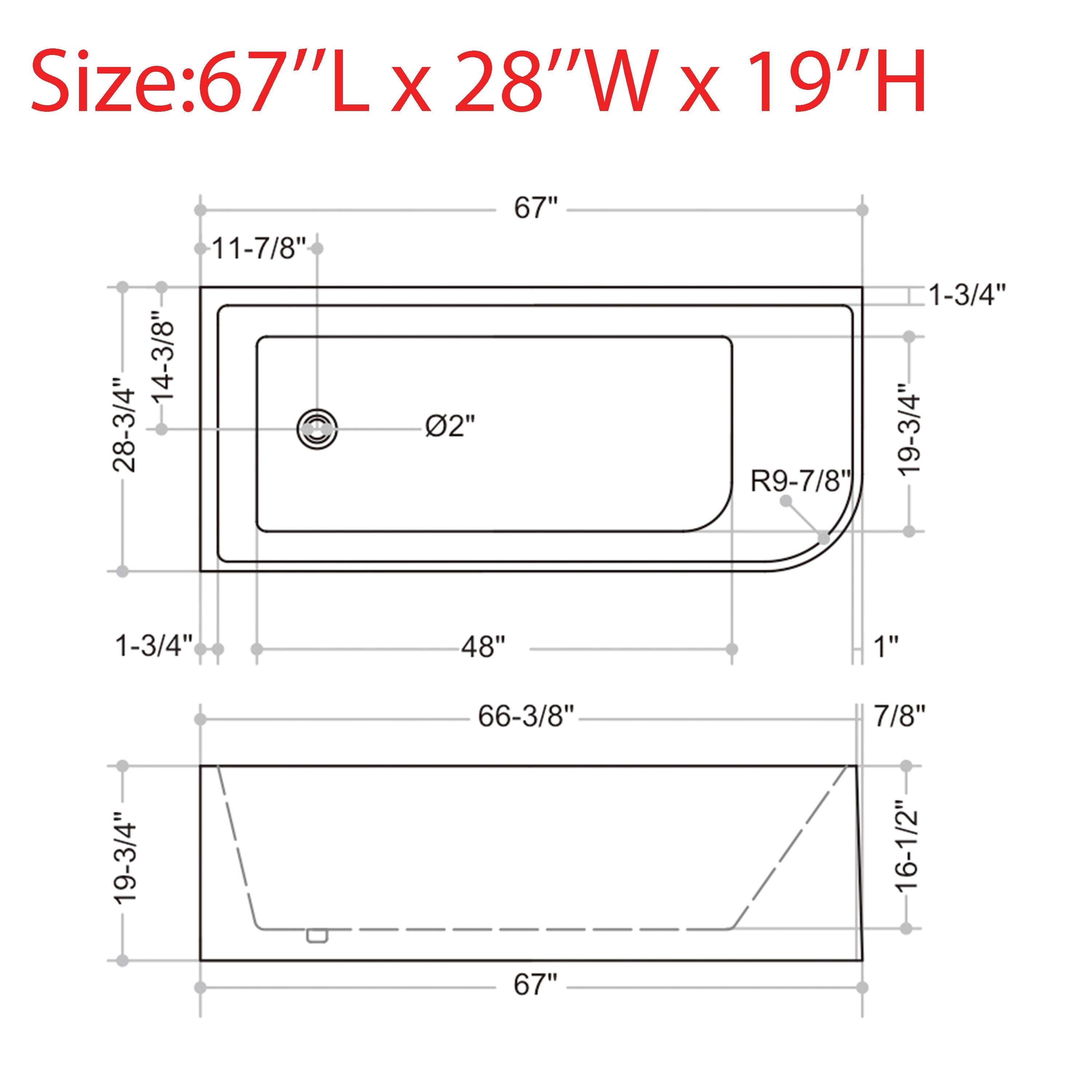 CB HOME 59''/67'' Freestanding Acrylic Soaking Bathtubs, Soaking Tubs Single Side Against The Wall, Left/Right Overflow