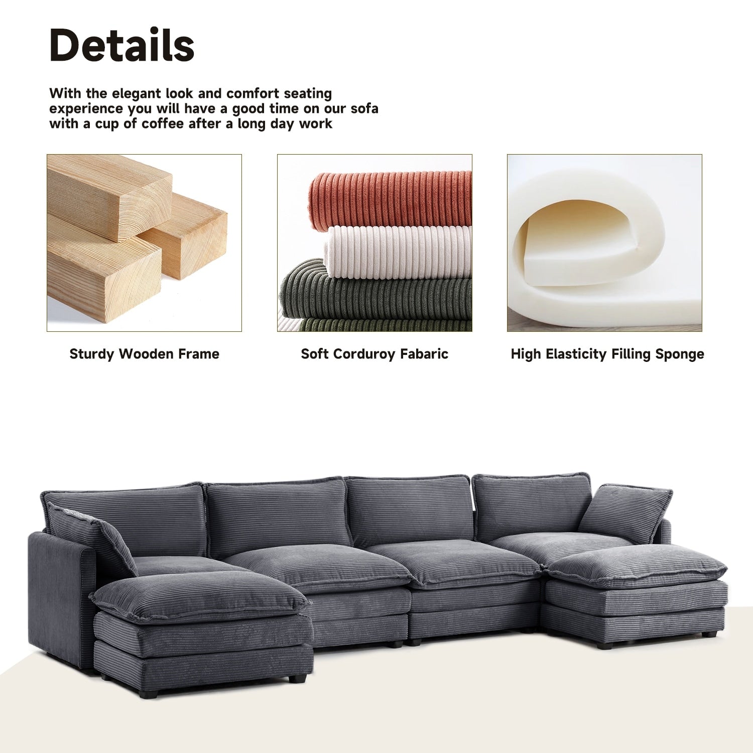 Canapé sectionnel en velours côtelé avec poufs amovibles et coussins ultra-doux pour salon et chambre