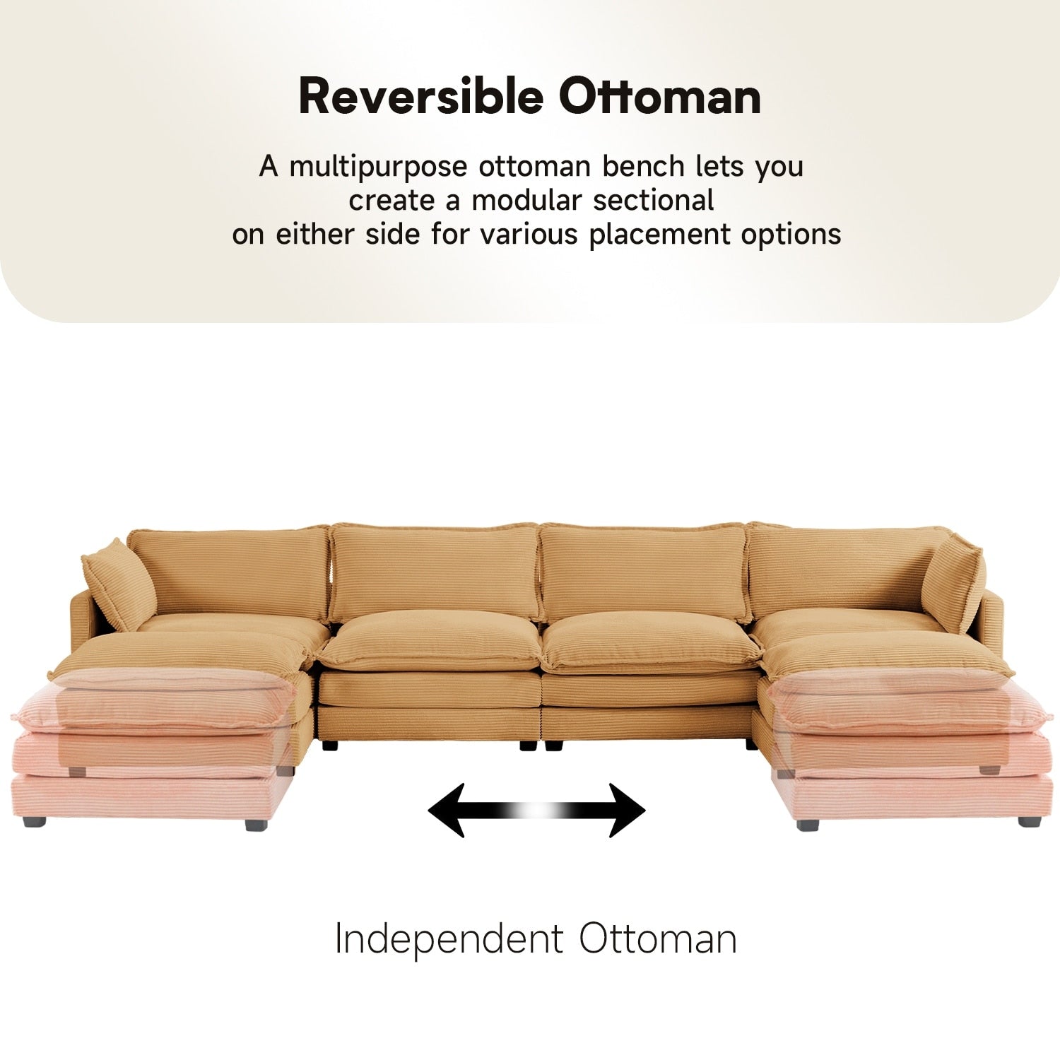 Canapé sectionnel en velours côtelé avec poufs amovibles et coussins ultra-doux pour salon et chambre