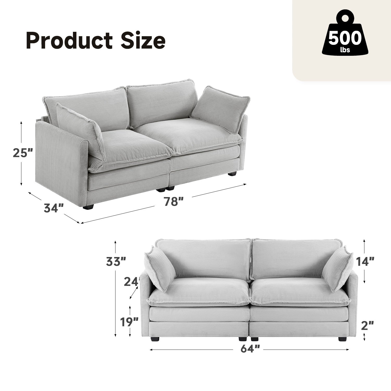 Canapé sectionnel en velours côtelé avec poufs amovibles et coussins ultra-doux pour salon et chambre