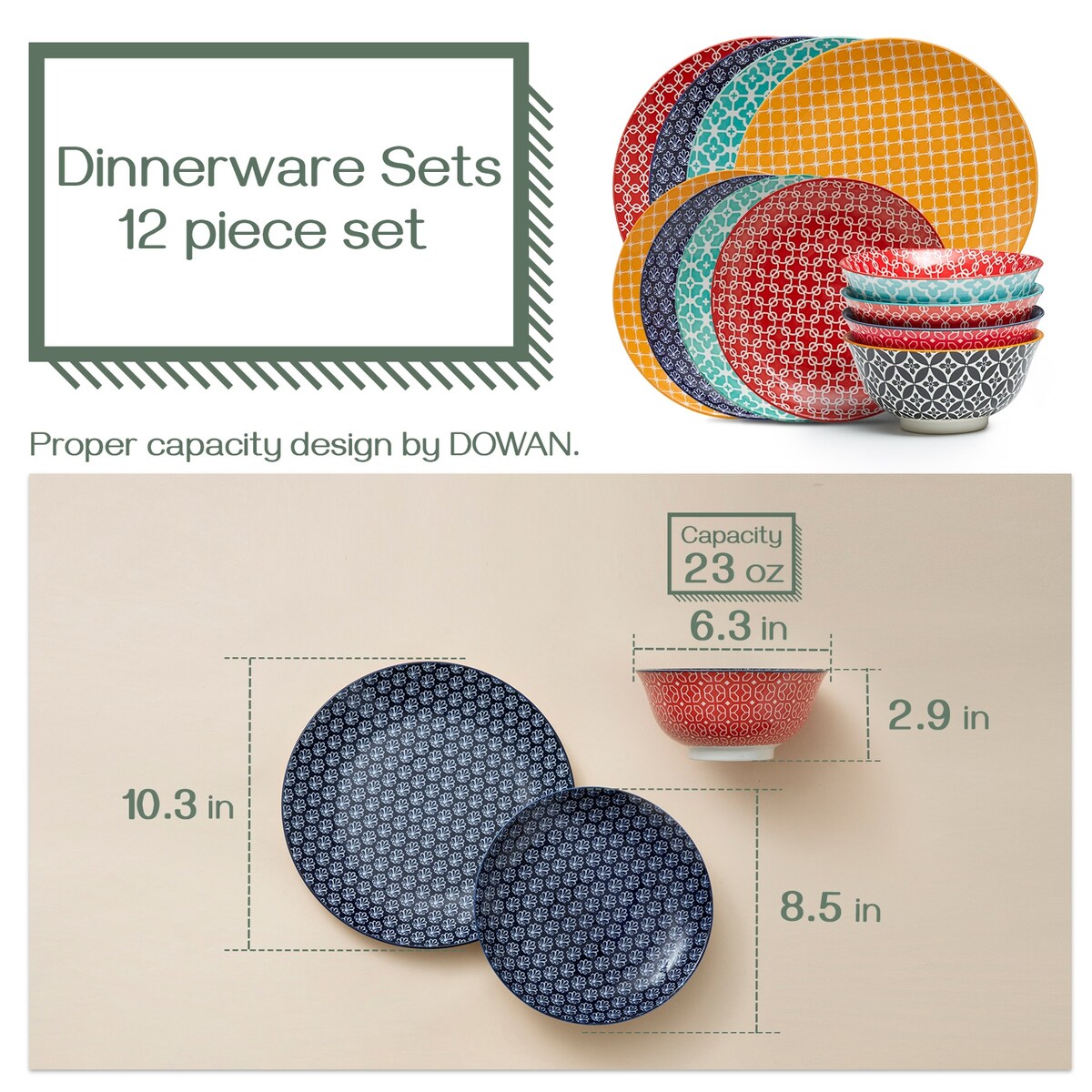DOWAN Ceramic Plates and Bowls Set, 12-Piece Dinnerware Set for Christmas Decor, Colorful Dish Set for 4