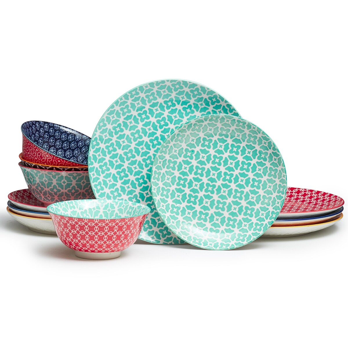 DOWAN Ceramic Plates and Bowls Set, 12-Piece Dinnerware Set for Christmas Decor, Colorful Dish Set for 4