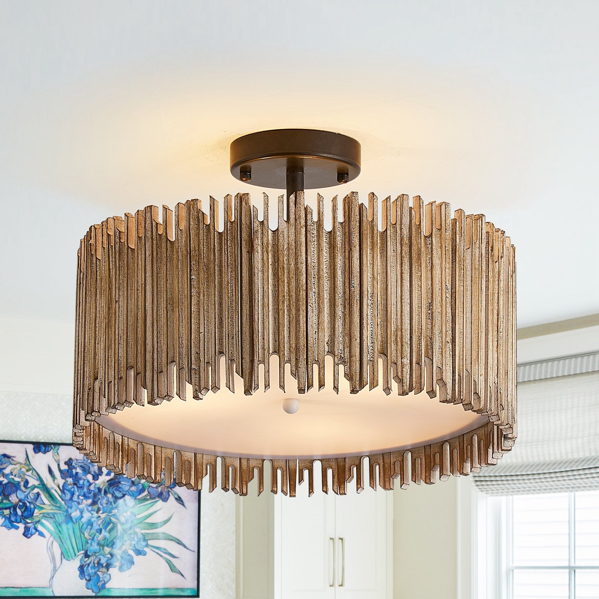 Distressed White 3-Light Wood Drum Semi-Flush Mount Ceiling Light